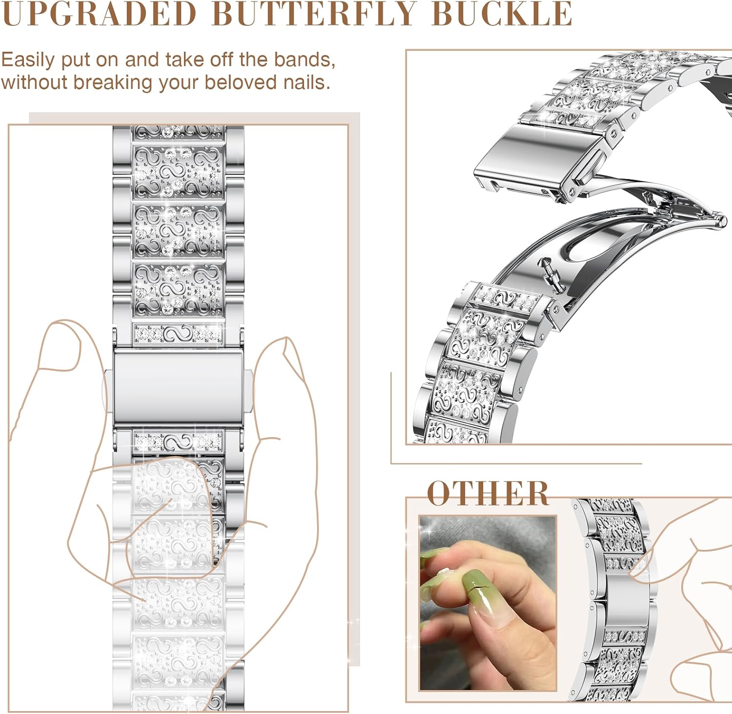 MARGE PLUS Compatible with Apple Watch Bling Band Women 38mm 40mm 41mm 42mm Series 11 10 9 8 7 6 5 4 3 2 1 SE, Upgraded Sparkle Replacement Bracelet iWatch Band, Diamond Rhinestone Stainless Steel Metal Strap - Image 3