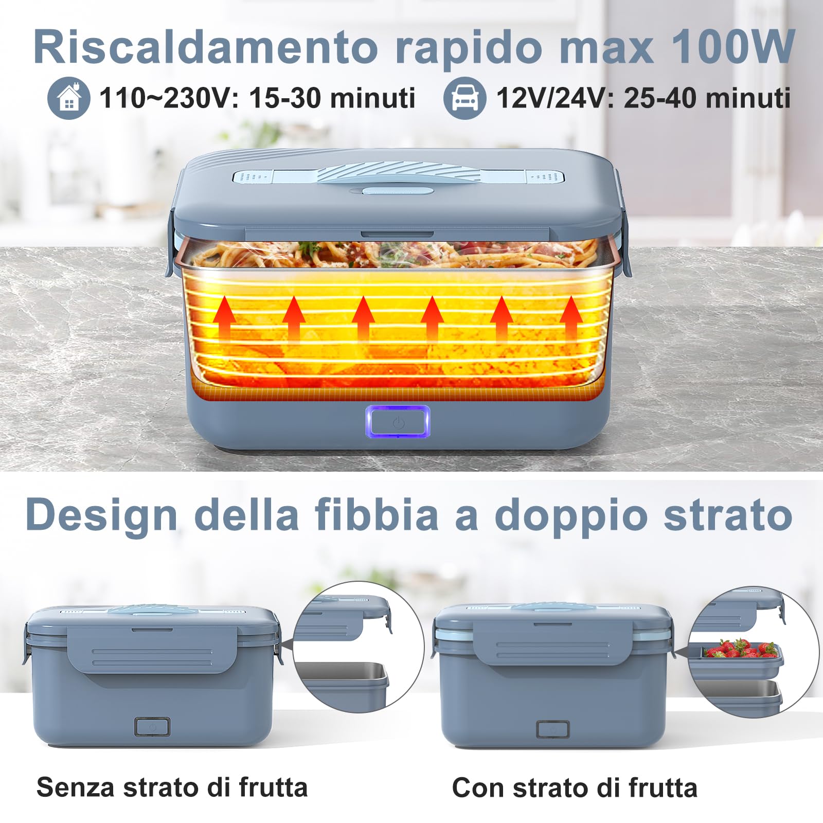 Herrfilk 100W Scaldavivande Elettrico Portatile, 12/24/230 V 3-in-1 Porta Pranzo Riscaldabile,con Posate e Sacchetto Isolato, a Prova di Perdite, Grande Contenitore da 1,8 l,per Auto, Camion, Ufficio