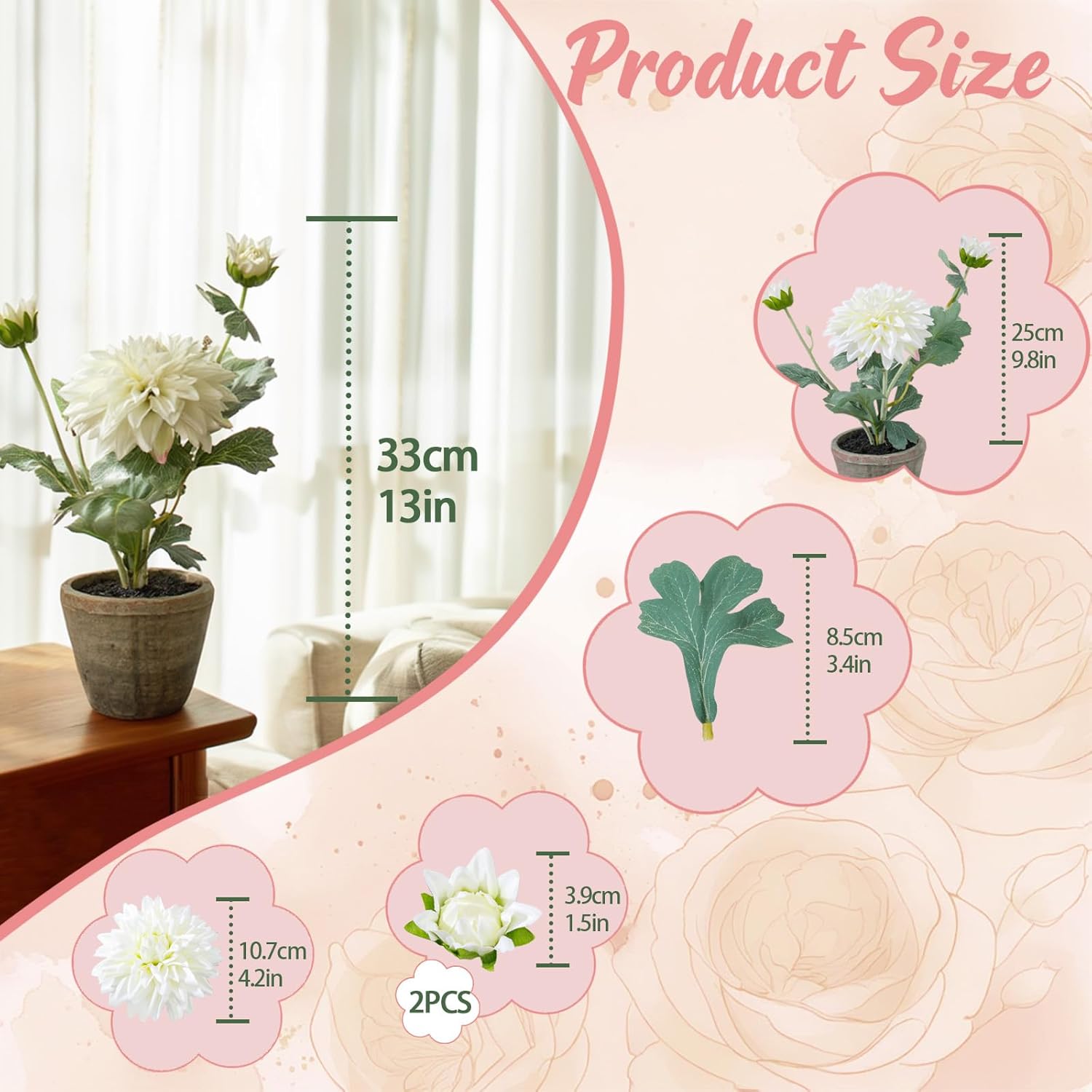 White Dahlia Flowers Fake Silk Mums Flower Artificial Chrysanthemum Flowers Faux Flowers for Vase Mums in Pot Spring Decor Coffee Table Home Party Decoration