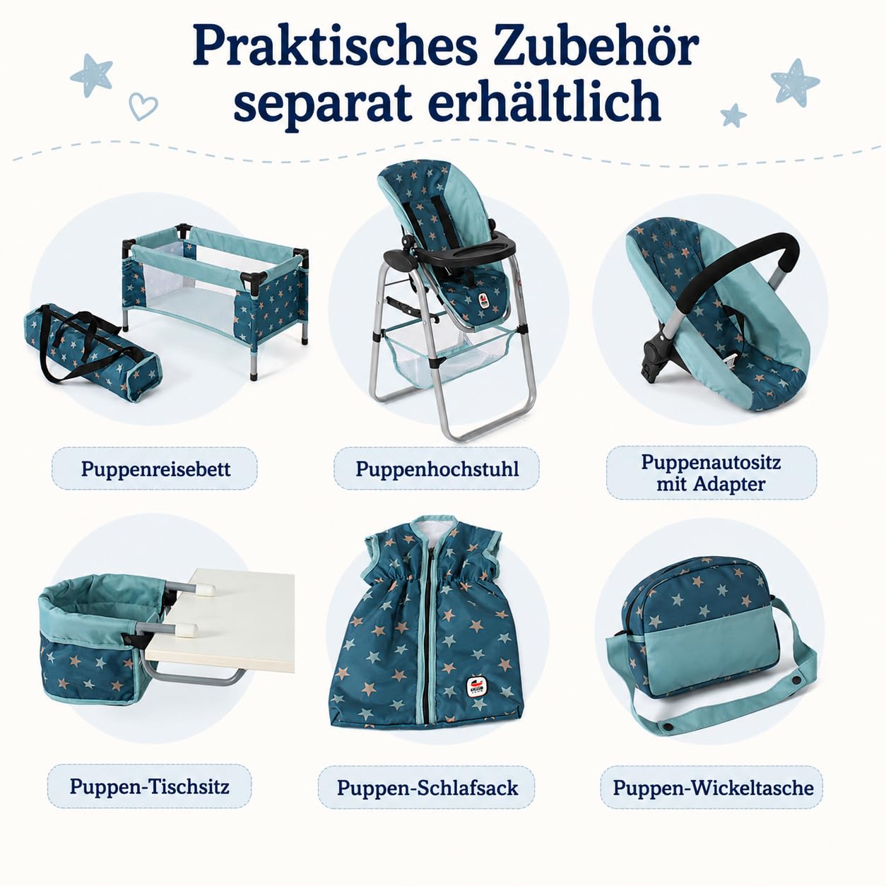 Bayer Chic 2000® 2in1 Puppenwagen Mika – Sternchen türkis – faltbar – höhenverstellbarer Griff 47-80 cm – modernes Gestell – Puppen bis 52 cm – 4-8 J, Flowers | Mit Schwenkschieber, umsetzbarem Aufsatz und schwenkbaren Vorderrädern – für Puppen bis 52 cm