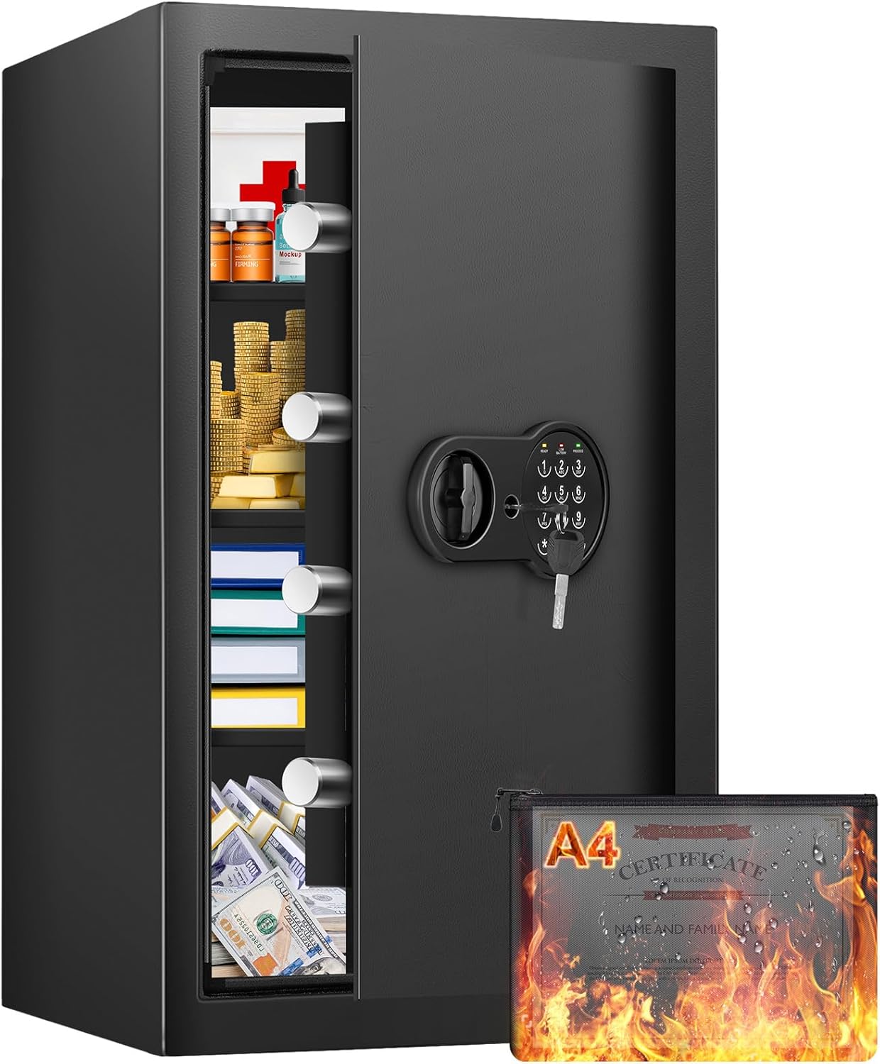 27.56'' tall fireproof safe box, 6 cuft home safe with fireproof waterproof bag & digital keypad, large safes with removable shelves, safes for documents, jewelry, valuables, 13.2''w×11.81''d×27.56''h 2.37 cubic feet