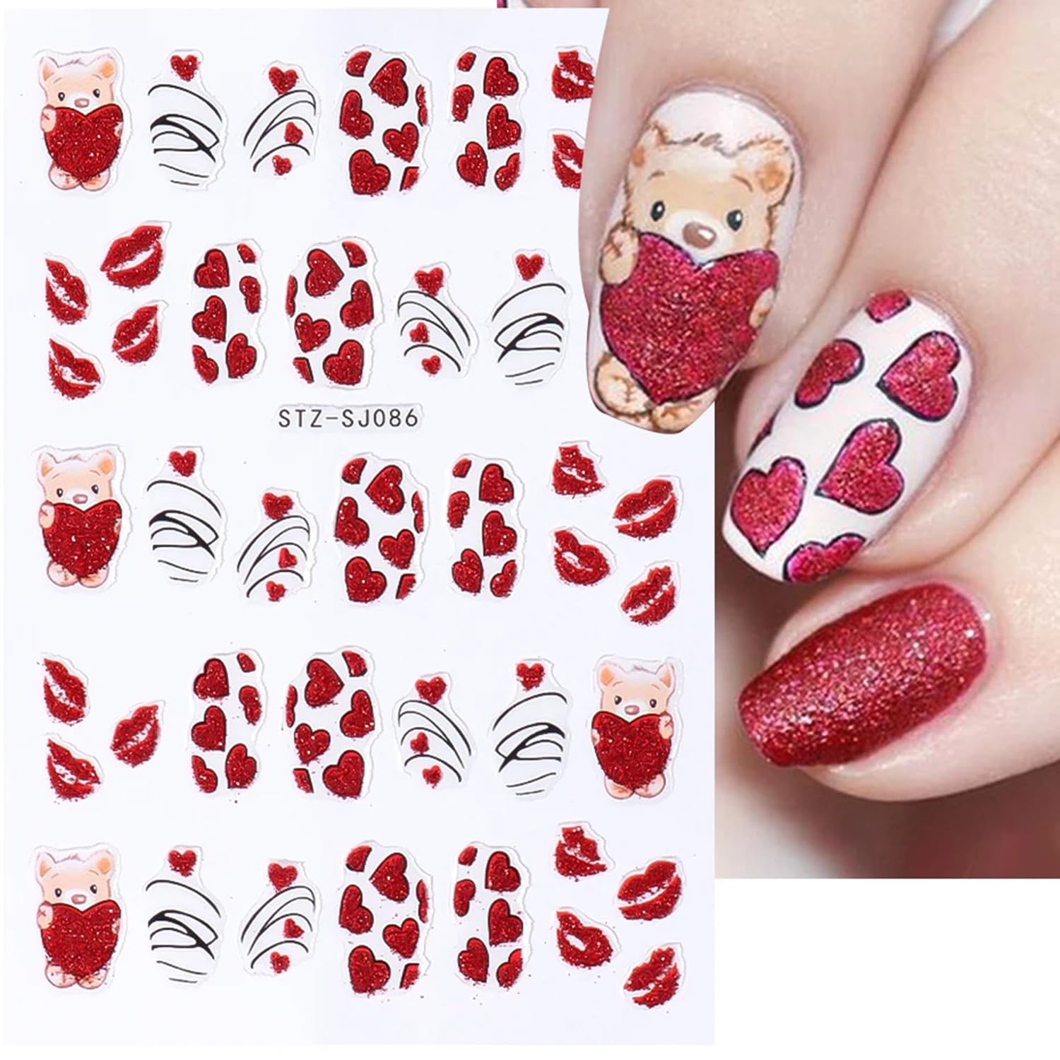 FBABFBUOHeart Nail Art Stickers Valentine's Day Nails Art Design Decals 6PCS Glitter Red Heart Cute Bear Lips 3D Self-Adhesive Sliders Gold Curve Stripe Lines Manicure Tip for Acrylic Nails Decorations Supply