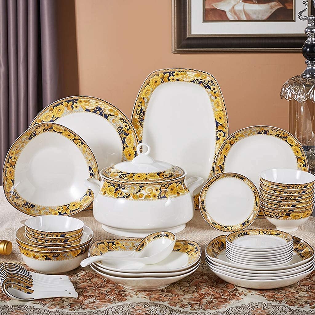 Ceramiczny zestaw naczyń obiadowych z 46-częściowymi miseczkami, naczyniami, garnkami do zupy i łyżkami na imprezy rodzinne i restauracje