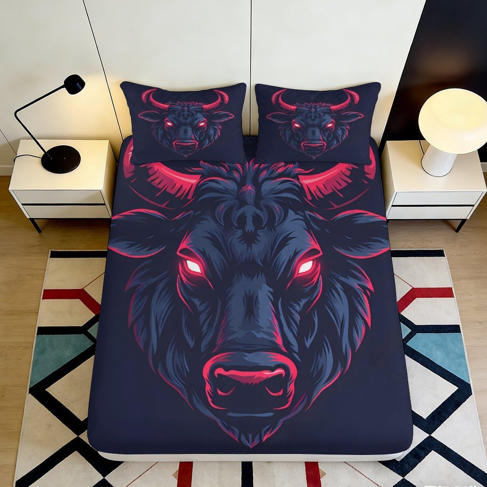 3D Printed Bull Head Fitted Sheet Microfiber Red Eyes Animal Mattress Cover for Bedroom Guest Room Dorm Decor 90x200x25cm