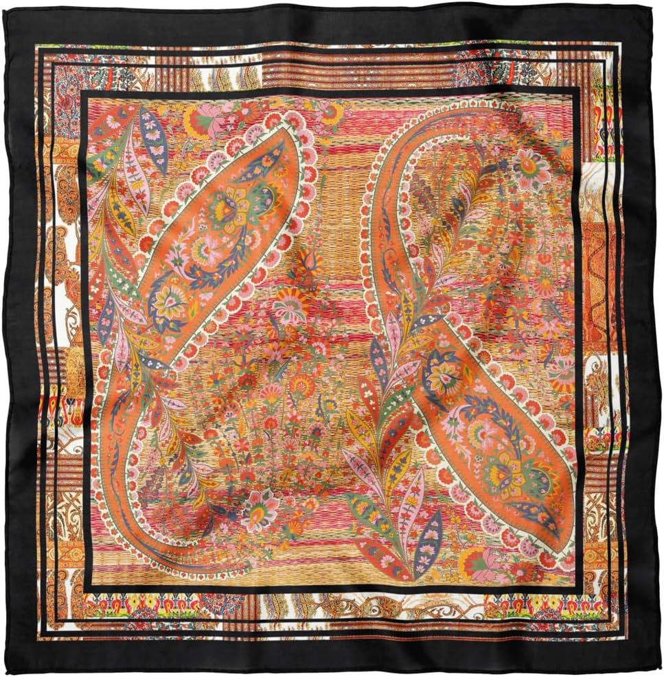 Square Bandana Scarf Ethnic Print 27x27 in Satin Polyester Head Neck Hair Accessory for Women Girls Black - Siyah Taba