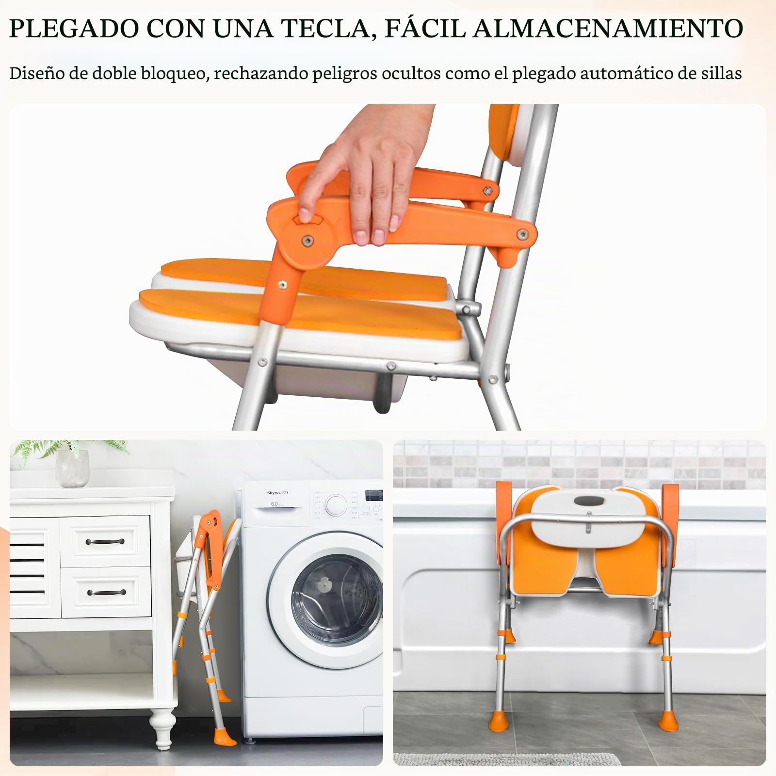 Silla de Ducha Plegable, Silla de Ducha Asiento de Ducha Resistente con Reposabrazos y Respaldo, Asiento de Ducha Antideslizante Altura Ajustable, Silla Baño Ancianos Ducha, Carga 180 kg