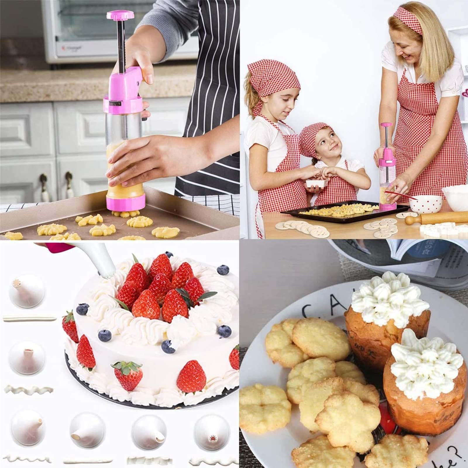 Pistolet à Biscuits en Acier Inoxydable - Kit de Machine à Biscuit avec 6 Douilles et 16 Disques à Biscuit pour Décoration de Gâteau - Idéal pour Anniversaire Anniversaire Fête