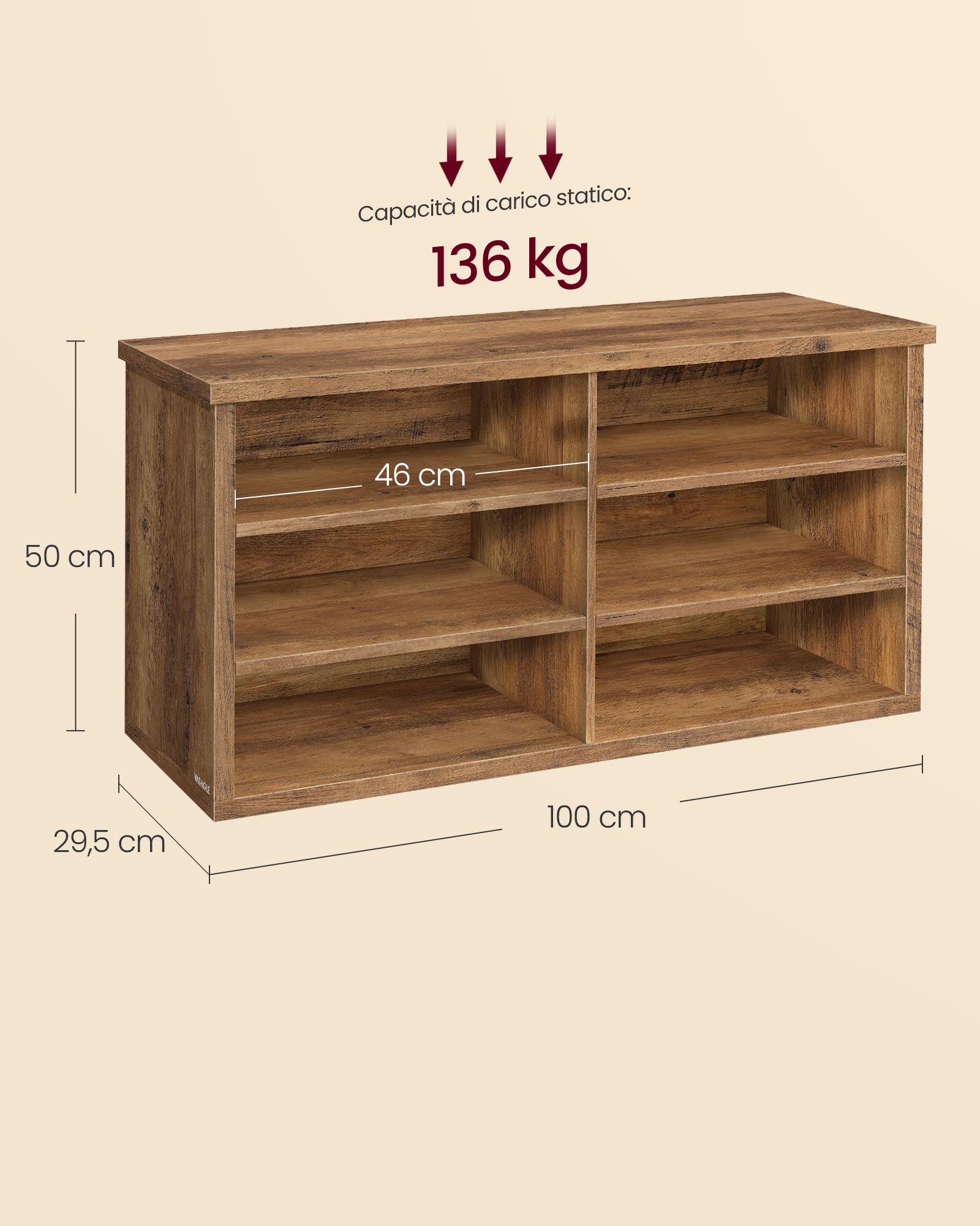 VASAGLE Panca Scarpiera, Scarpiera Ingresso, 6 Scomparti, Ripiani Regolabili, per Soggiorno Corridoio, 29,5 x 100 x 50 cm, Marrone Miele LSB036K01