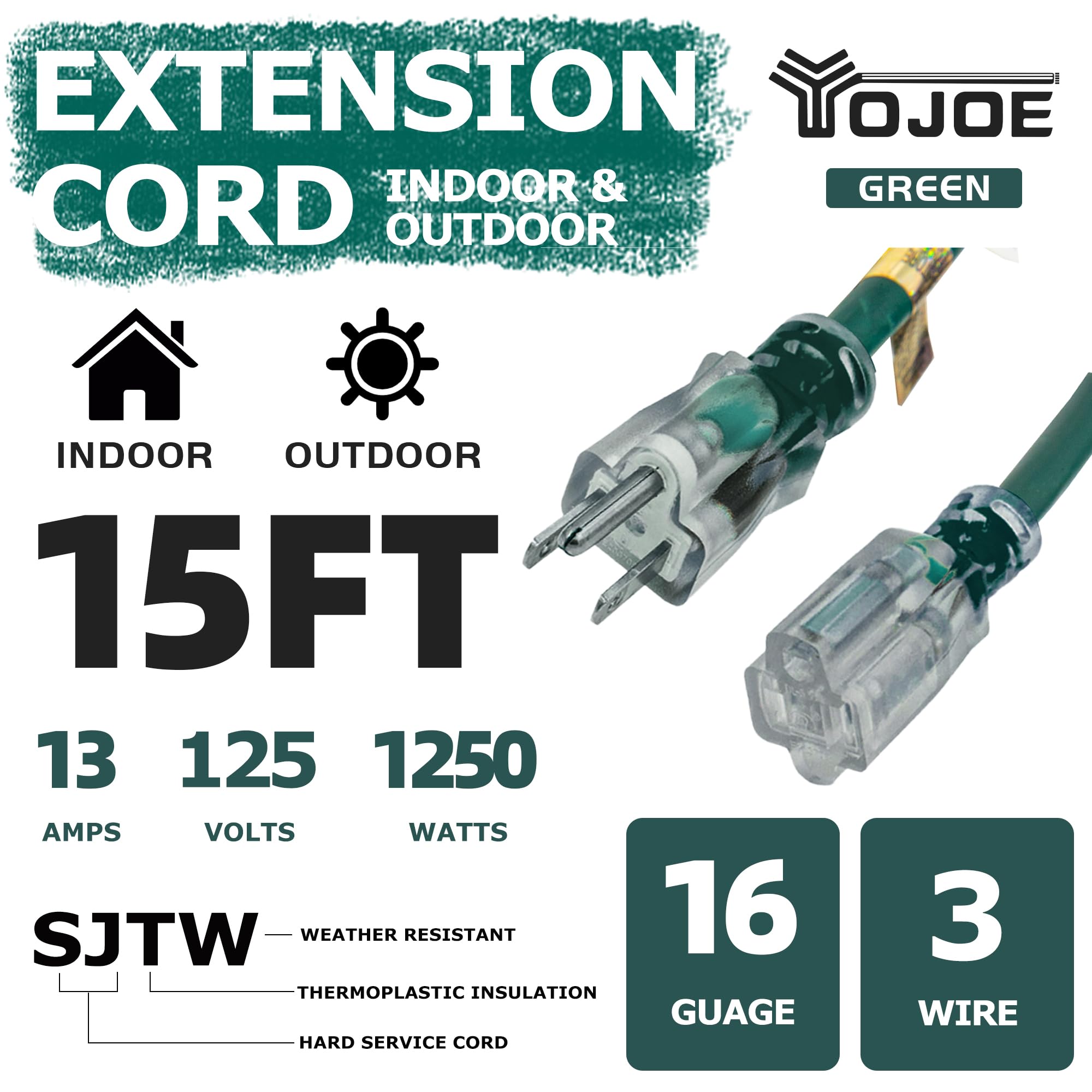 YOJOE - Cable de extensión verde iluminado para exteriores de 15 pies, cable de extensión SJTW de 16/3 con enchufe de tierra de 3 clavijas, cable de extensión de calibre 16 para jardín, césped,