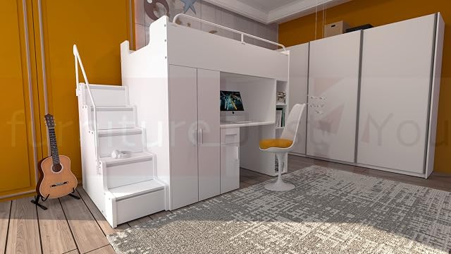 Modern Cabin High Sleeper Bed Bunk Bed Loft Bed Storage Mid Sleeper High Bed Wardrobe Desk Stairs Set Foam Mattress Included Maximilian 4SM White Colour (White), Small Single