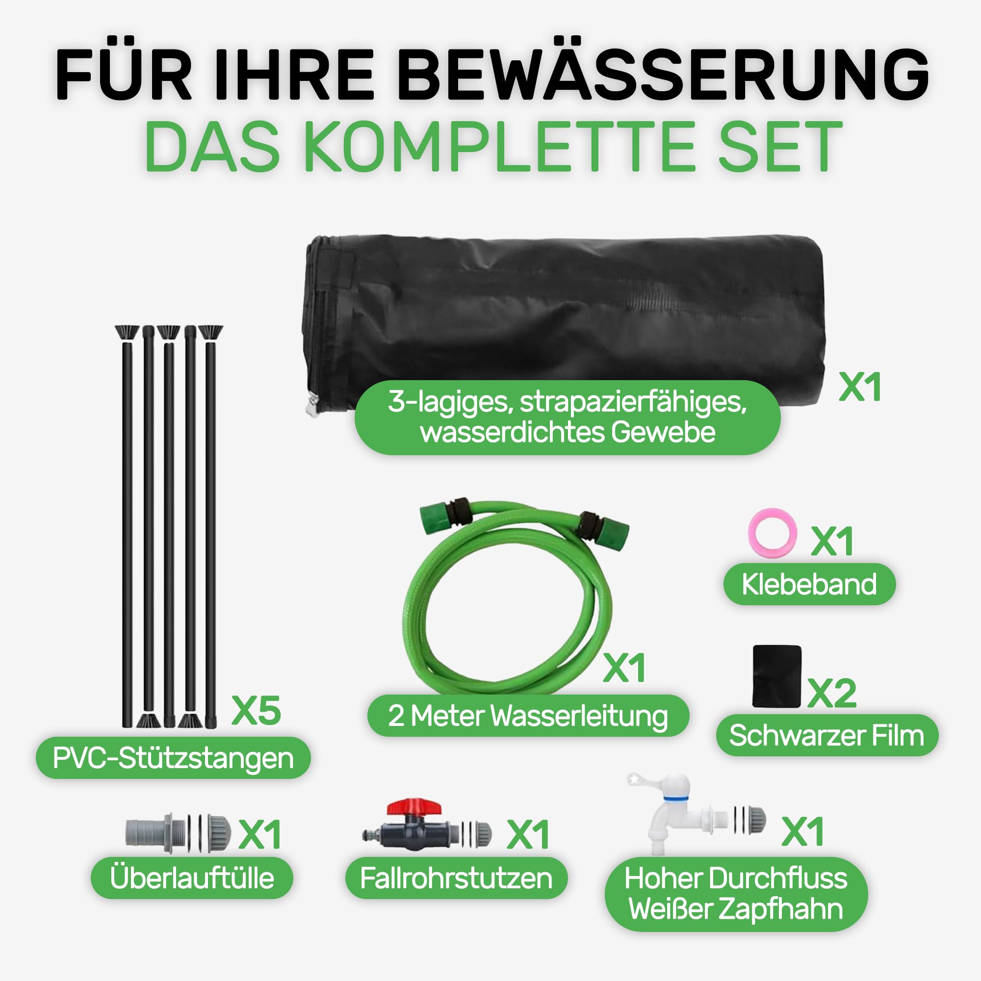Melko - Regentonne faltbar 1000L mit Auslaufhahn, PVC Stützstangen & 2 m Wasserschlauch - Mobiles Regenfass mit Überlaufschutz & Anschluss - Regenwassertonne witterungsbeständig für Gartenbewässerung