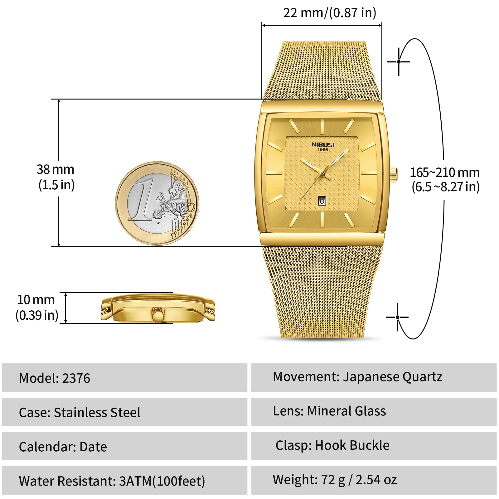 NIBOSI Orologi da uomo Orologi analogici quadrati al quarzo in acciaio inossidabile per uomo Cinturino a maglia Impermeabile Orologio sportivo da lavoro con datario