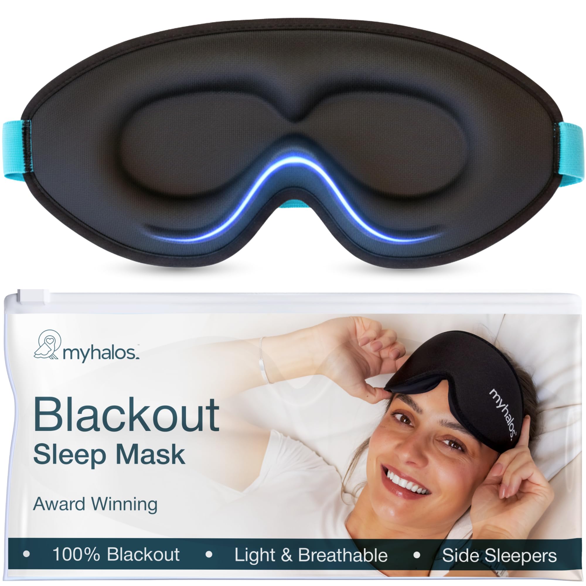 MyHalos® Sleep Mask - Eye Masks for Sleep - 100% Blackout Sleeping Mask for Women, Men & Side Sleepers - 3D Sleeping Eye Mask for Zero Pressure - Award Winning Design, Eyelash Friendly & Breathable