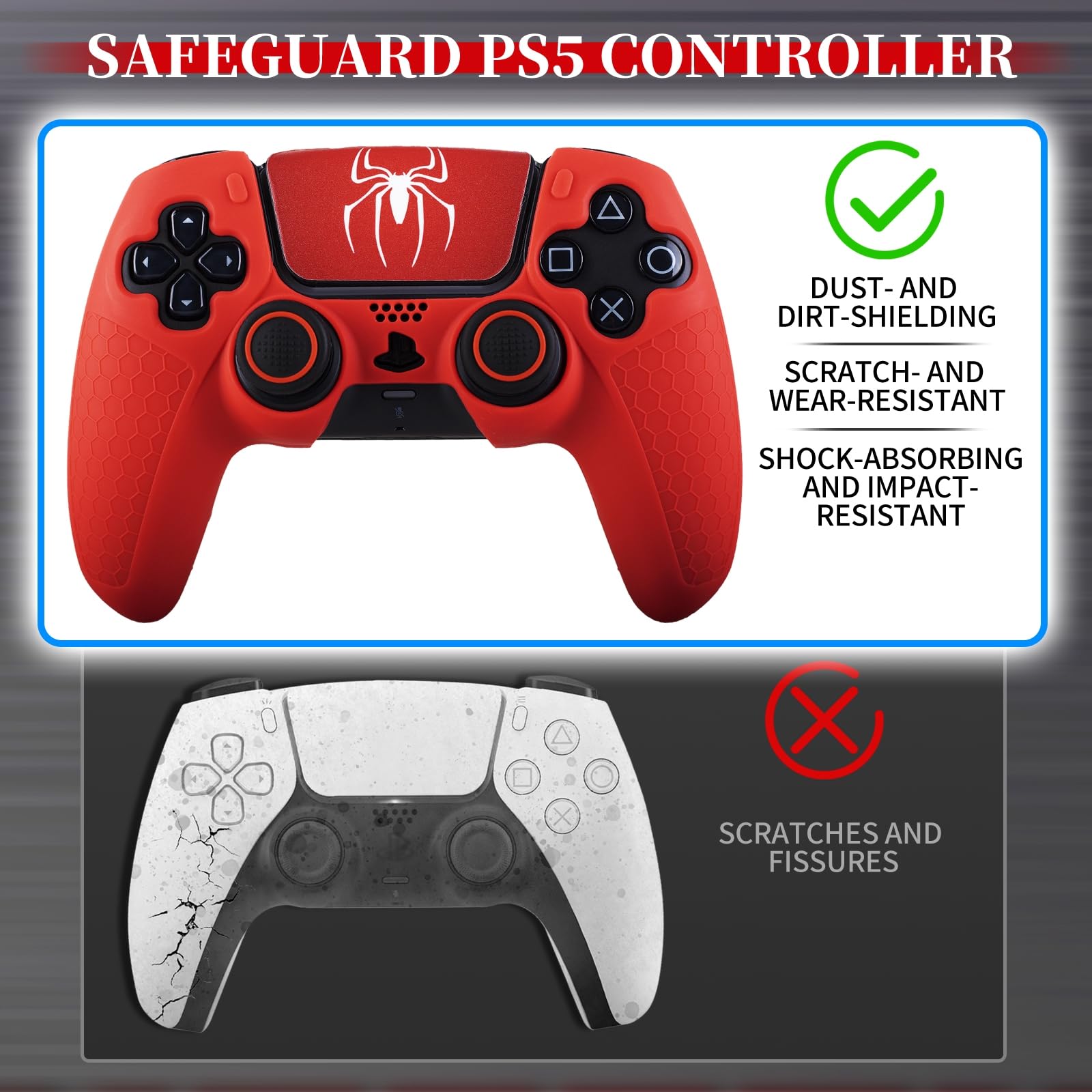 Coque en silicone antidérapante pour manette de PS5 avec 2 capuchons de joystick et 1 autocollant 1 araignée écarlate