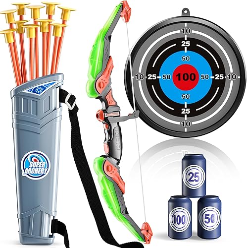 TEMI Arco y flecha para niños de 3, 4, 5, 6, 7, 8, 9, 10 años, juguete de tiro con arco con luz LED con 10 flechas de ventosa, 4 objetivos y carcaj,