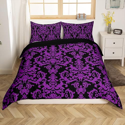 Erosebridal Juego de funda de edredón de damasco morado, vintage, bohemio, floral, estilo victoriano, barroco, funda de edredón para niñas,