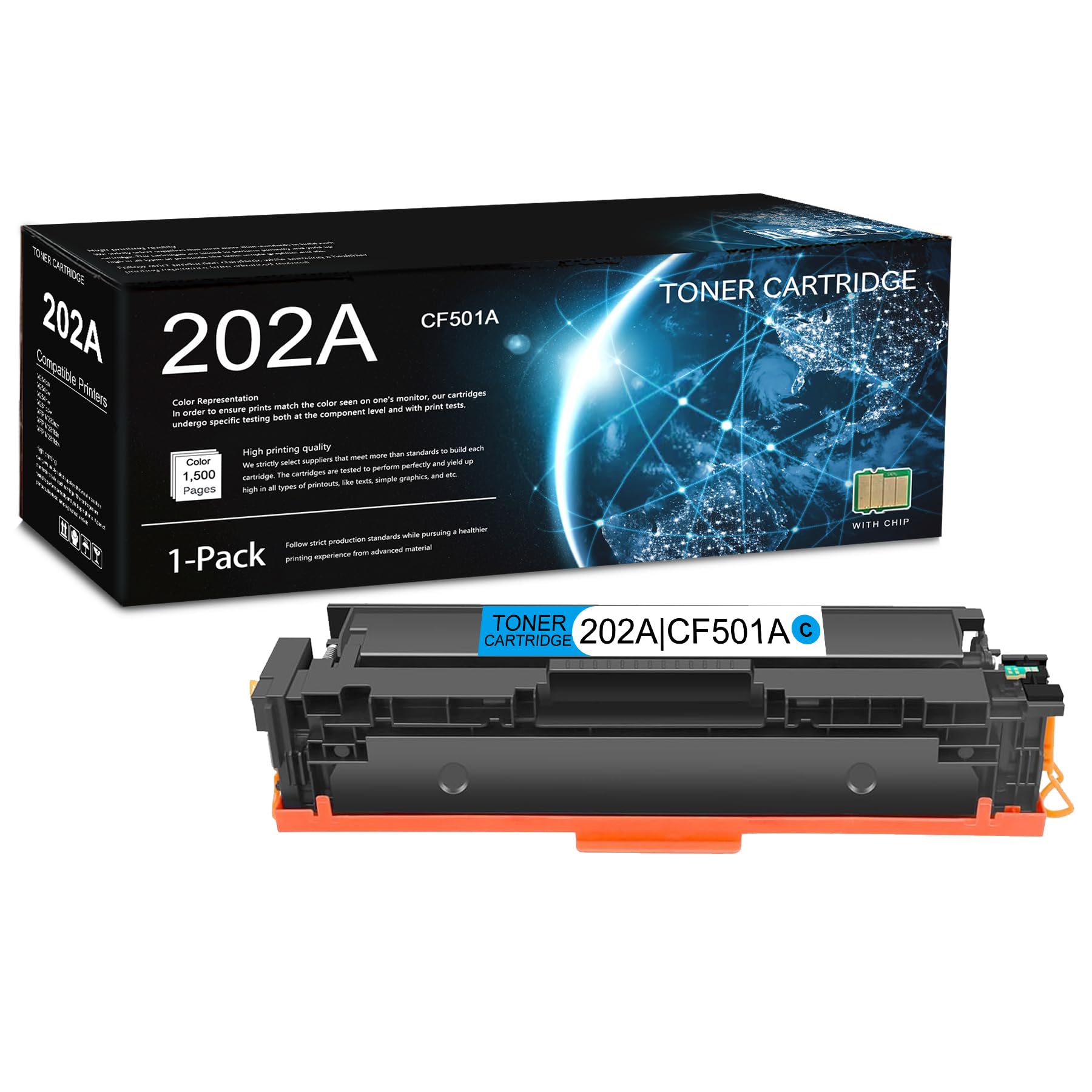 Photo 1 of 1 Pack 202A Cyan Toner Cartridge (with Chip) | Replacement for HP 202A Work with M254dn M254dw M254nw M281cdw MFP M280nw MFP M281fdn MFP M281fdw | CF501A