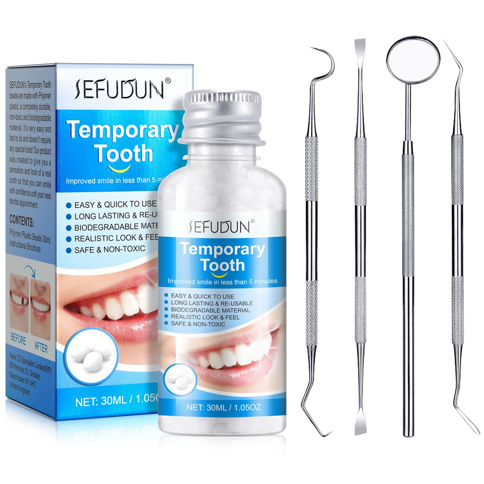 Temporary Tooth Repair Kit, Professional Tooth Repair Kit for Filling Fix The Missing and Broken Tooth or Adhesive The Denture Fake Teeth at Home, 3Pcs Differernt Dental Probe with Mouth Mirror