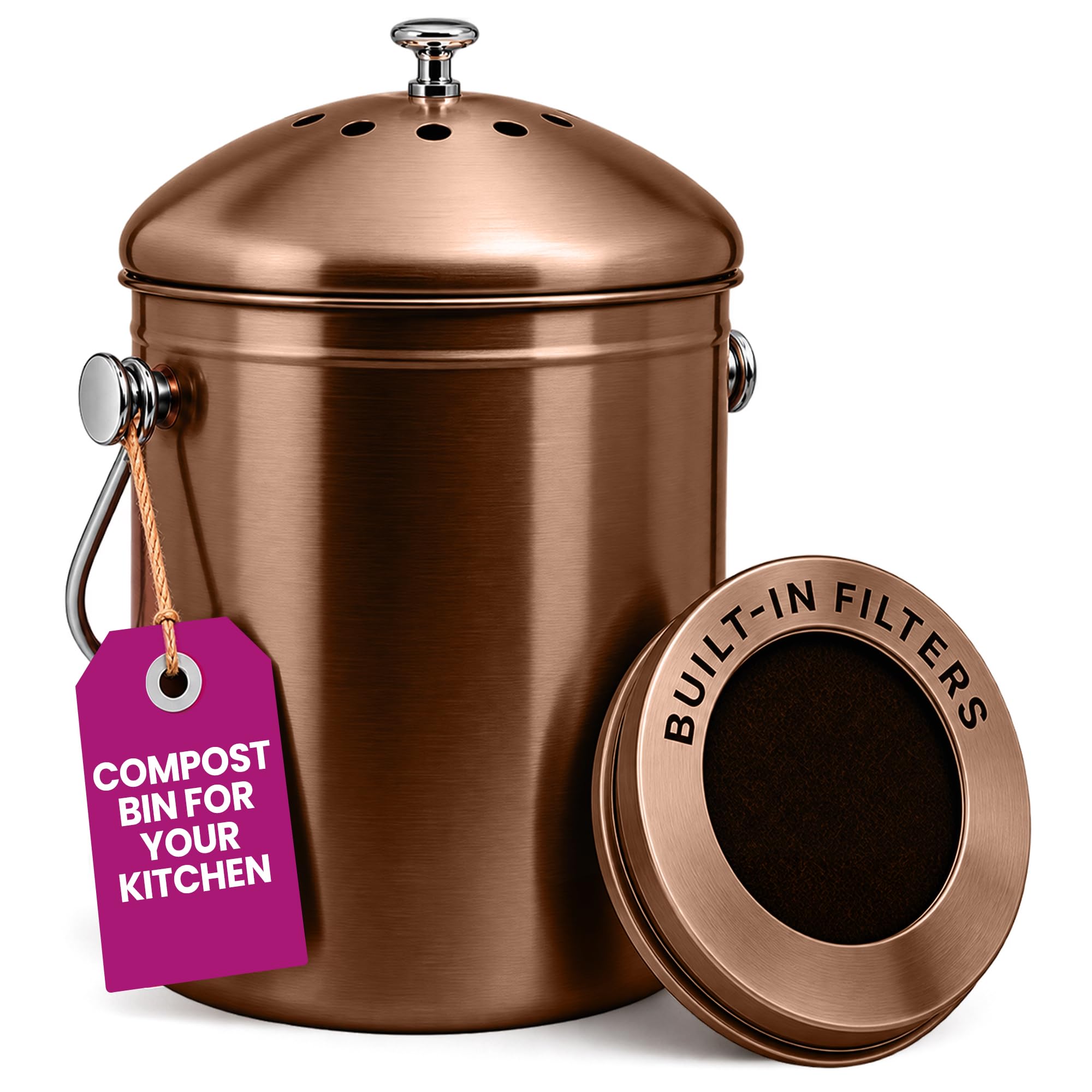 Epica Kitchen Compost Bin for Kitchen Countertops, 1.3 Galllon - Copper