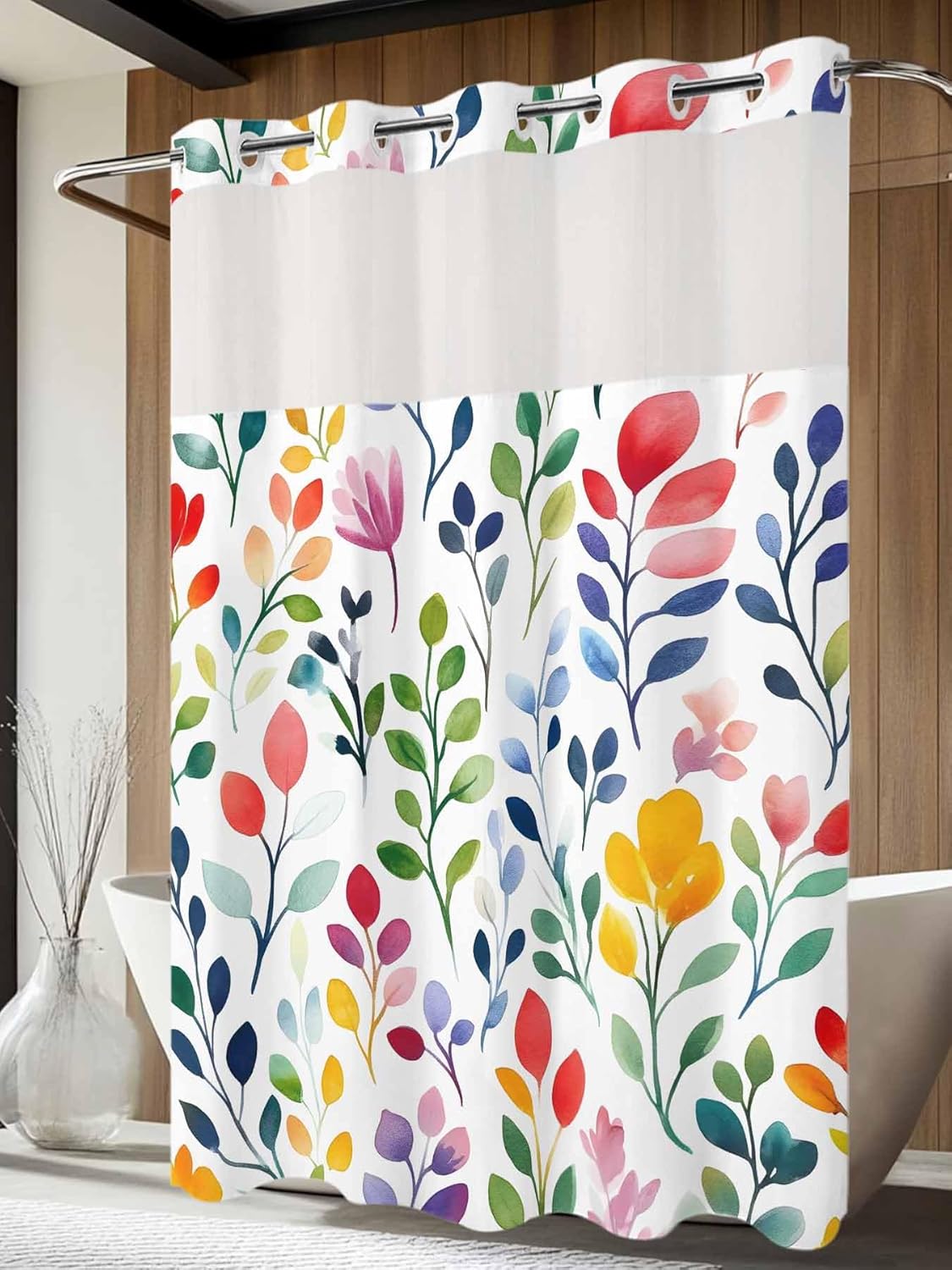 Teamery No Hook Shower Curtain with Snap in Liner, Easter Spring Watercolor Colorful Leaves Curtain Set See-Through Top Double Layers Fabric Shower Curtains Abstract Art for Bathroom Decor, 60x72in