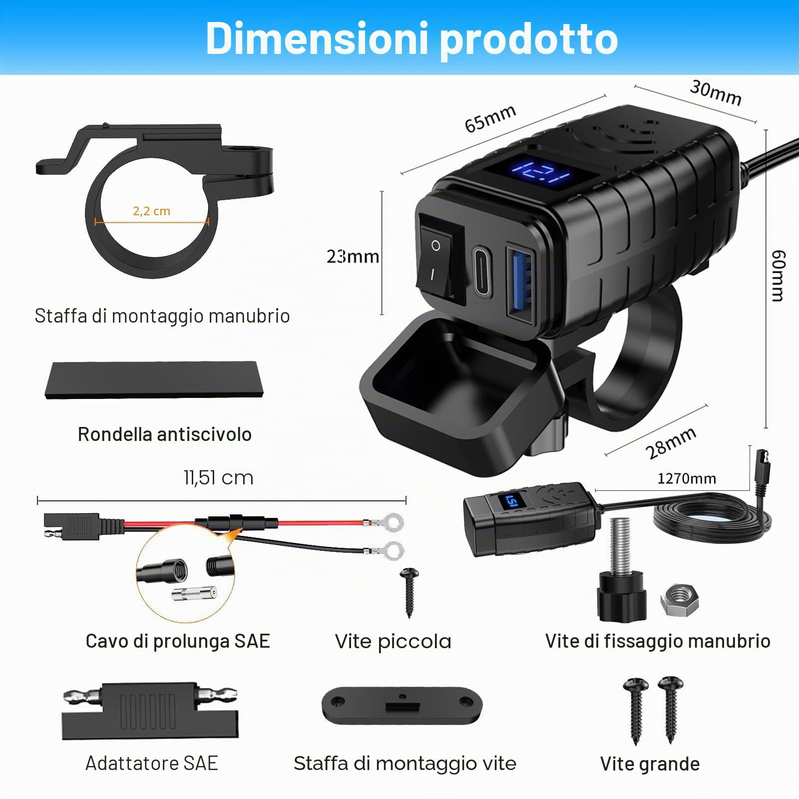 Presa usb 12V per Moto Impermeabile, Tipo C e Caricabatterie con Interruttore On/Off e Misuratore di Tensione LED, SAE Quick Charge 3.0 per Camper Moto 12V~24V (Tipo C + USB-A)
