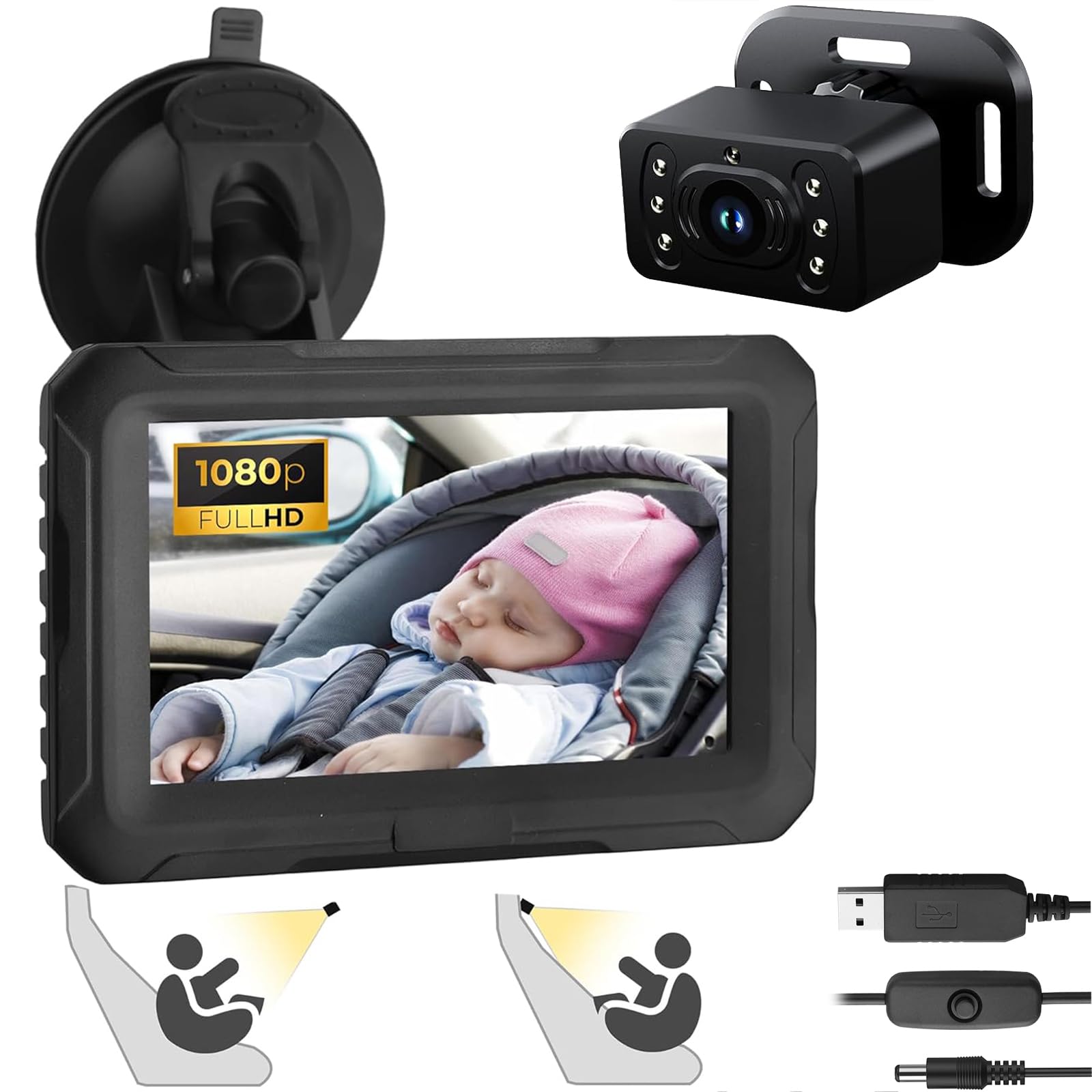 eSynic Baby Car Camera with 4.3 Inch Screen Backseat Baby Monitor 1080P HD Night Vision USB-Powered 360° Rotating Lens 150° Wide Angle 8 LEDs for Baby Car Seat Monitoring Driving Safety