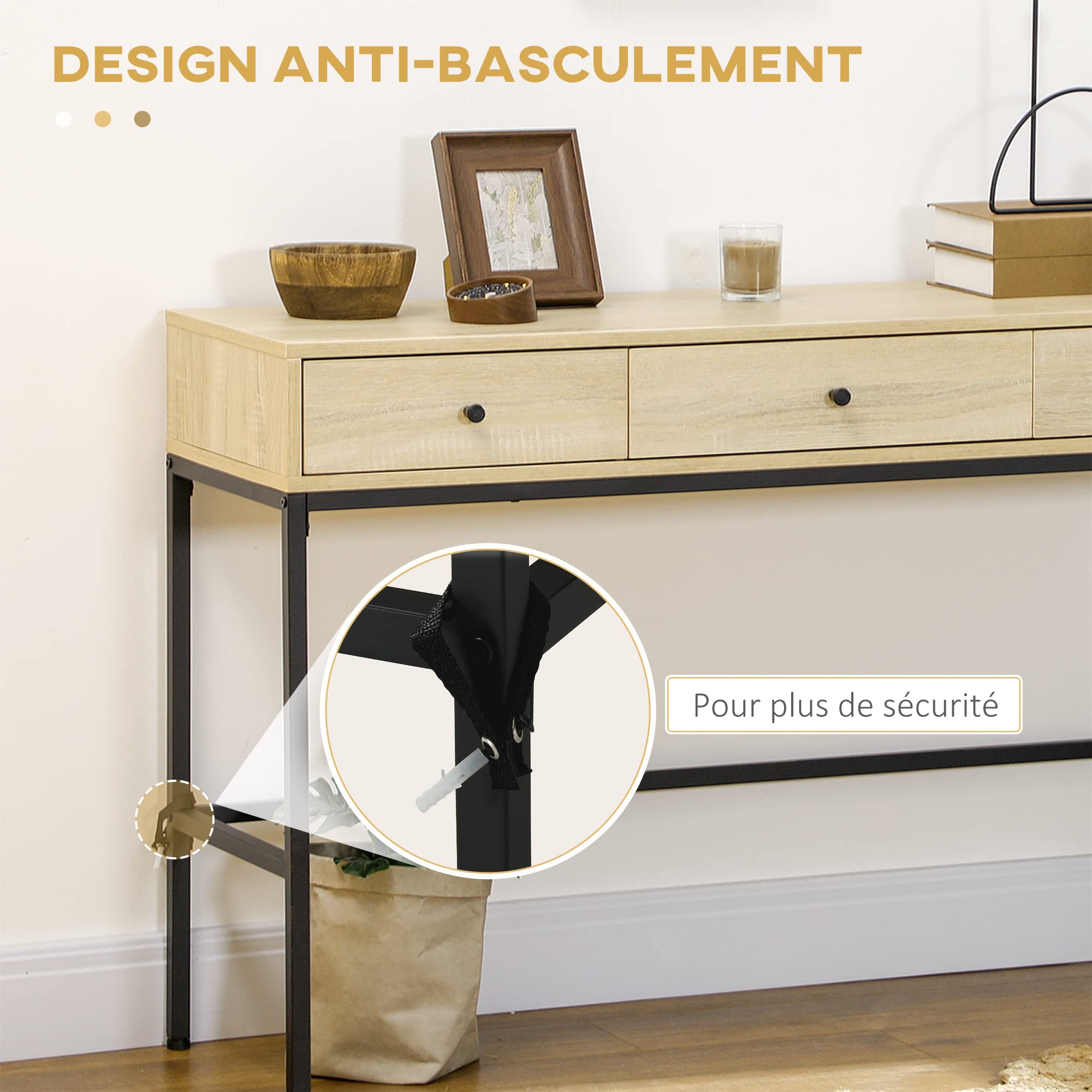 HOMCOM Table Console Table d'entrée Bout de canapé Structure en Acier 3 tiroirs Effet Bois Style Industriel 120 x 39,8 x 78 cm Naturel Noir