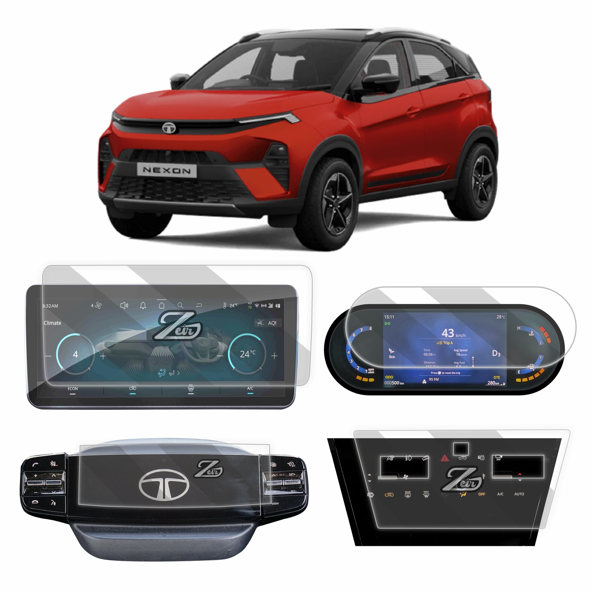 ZEIR [4 PACK] Screen Protector For TATA NEXON 2023 FACELIFT - 10.25 INCH INFOTAINMENT (Round Corners) + 7 INCH INSTRUMENT CLUSTER + DIGITAL STEERING + AC CONTROL GUARD | Creative+ Creative Plus S Anti Scratch Car TouchScreen Display Guard | New TataN (B0DG94VY3F) Amazon Price History, Amazon Price Tracker