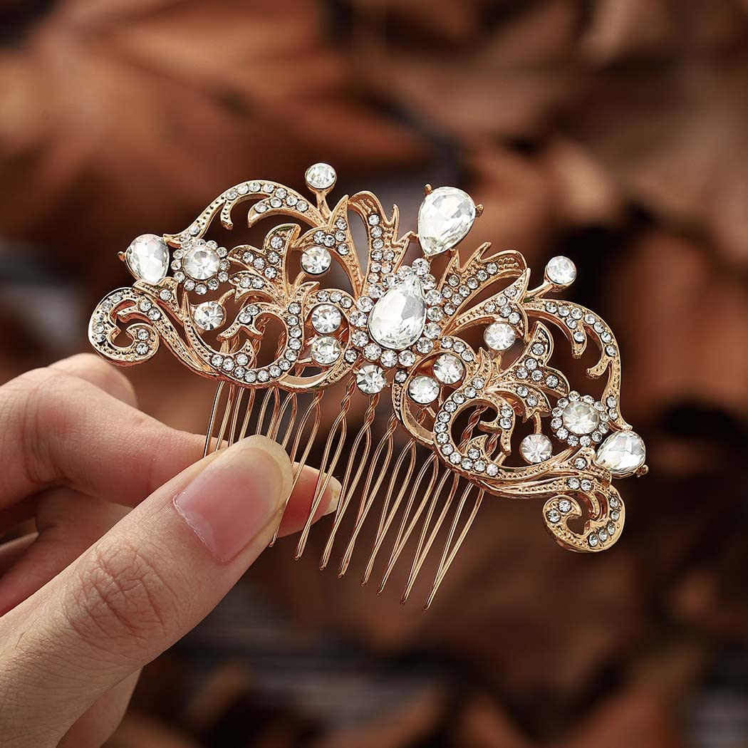 Foyte Crystal Bride Wedding Hair Comb Silver Bridal Headpieces Rhinestone Hair Pieces Bridesmaid Side Combs Hair Accessories for Women (gold)