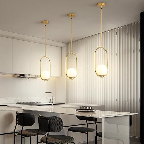 Miniatura 9 de Yunnix Luces colgantes para isla de cocina, lámparas colgantes, moderna iluminación colgante de cristal con globo dorado, candelabro de latón de