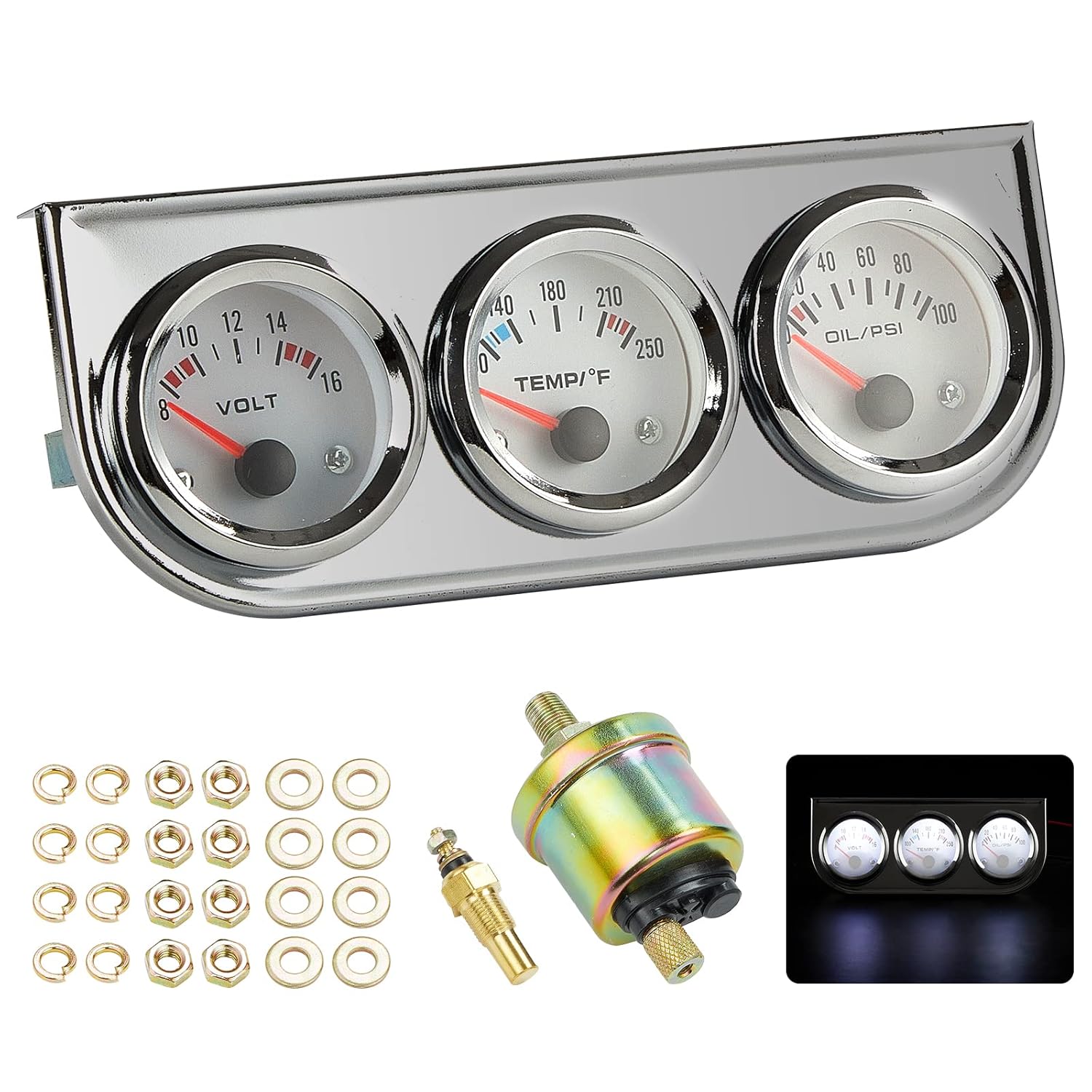 3 in 1 Car Meter Auto Gauge（Voltmeter + Water Gauge + Oil Press Gauge),2" Chrome Voltage Gauge