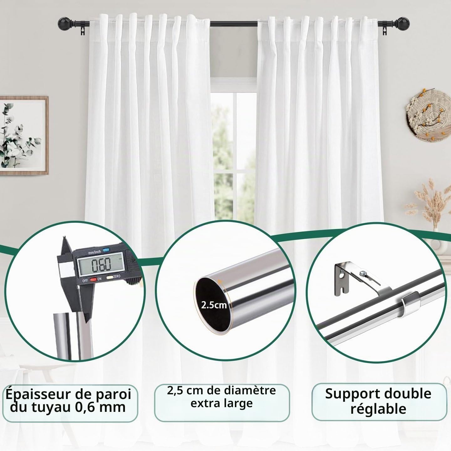 Tringle Rideau Noir Tringle à Rideaux Avec Embouts Décoratifs Et Supports Pour Fenêtre 25 Mm De Diamètre Pour Chambre à Coucher Salon Cuisine