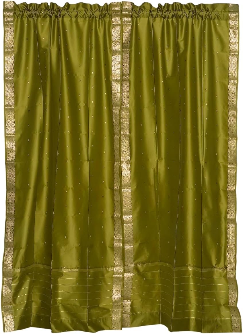 Handcrafted Olive Green Indian Sari Curtains, Tiebacks Included Lined Rod Pocket Sari Sheer Curtains, 80"W x 63"L, Privacy & Insulation for Living Rooms, Bedrooms, and Dining Rooms, Sold in Pairs