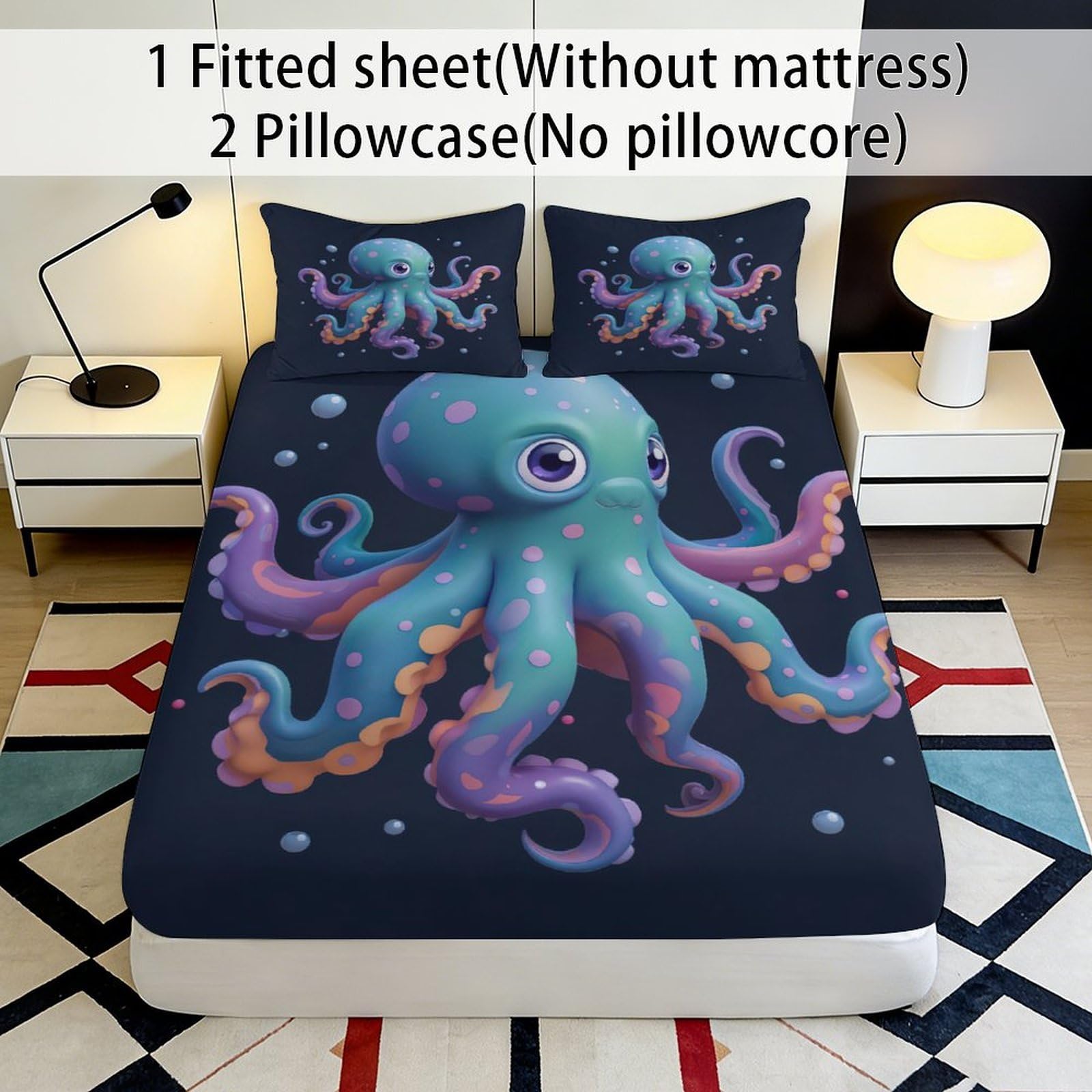 3D Druck Ozean Krake Spannbettlaken Mikrofaser Tiefes Taschen Schlafzimmer Bettwäsche Krake Matratzenschutz Spannbezug rutschfest Waschbar 200x200x25cm