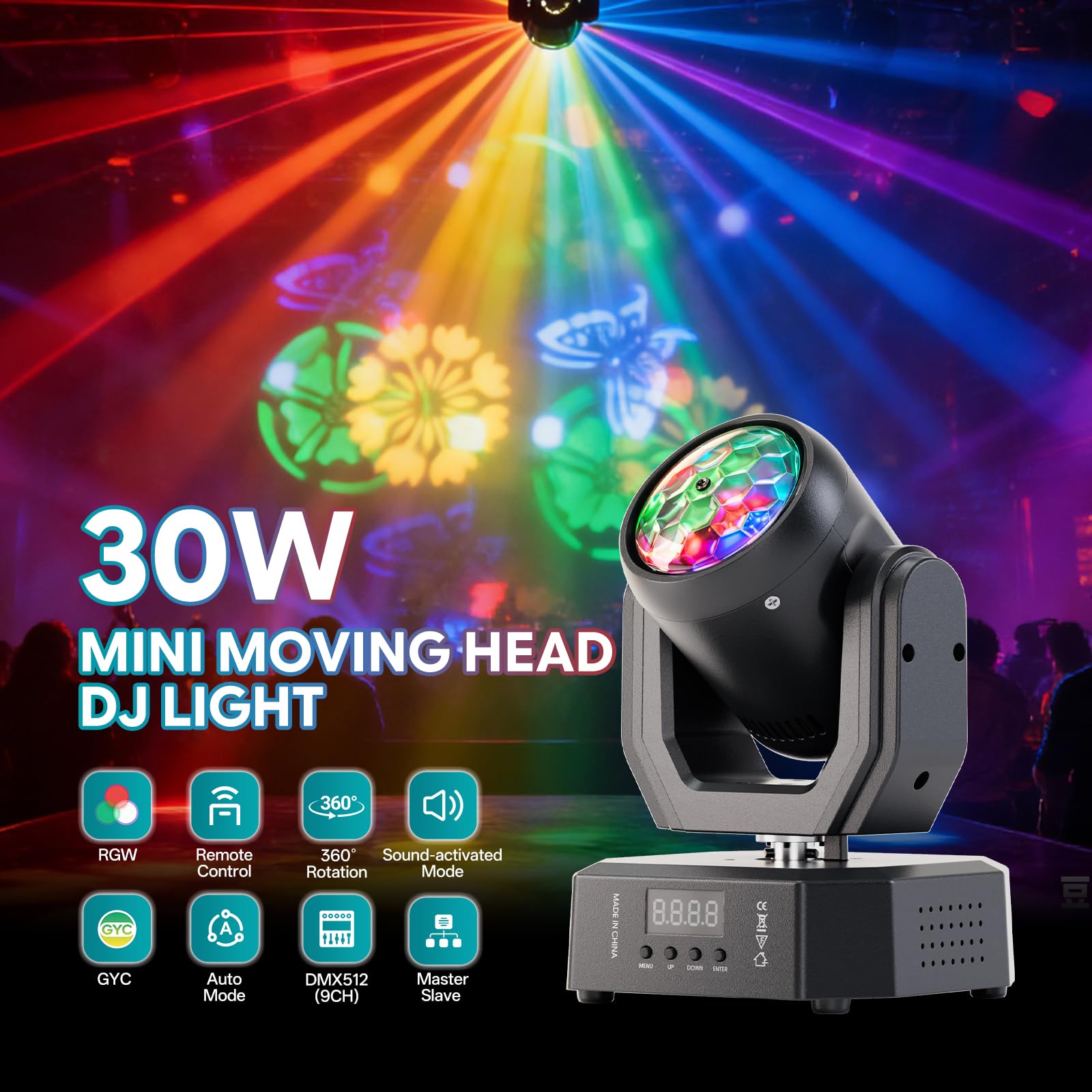 2PCS Teste Mobili LED 30W,DMX512 RGW Effetti luminosi,Con Telecomando 5 Modalità di Controllo Mini Teste Mobili DJ Adatto per Feste,DJ e Illuminazione