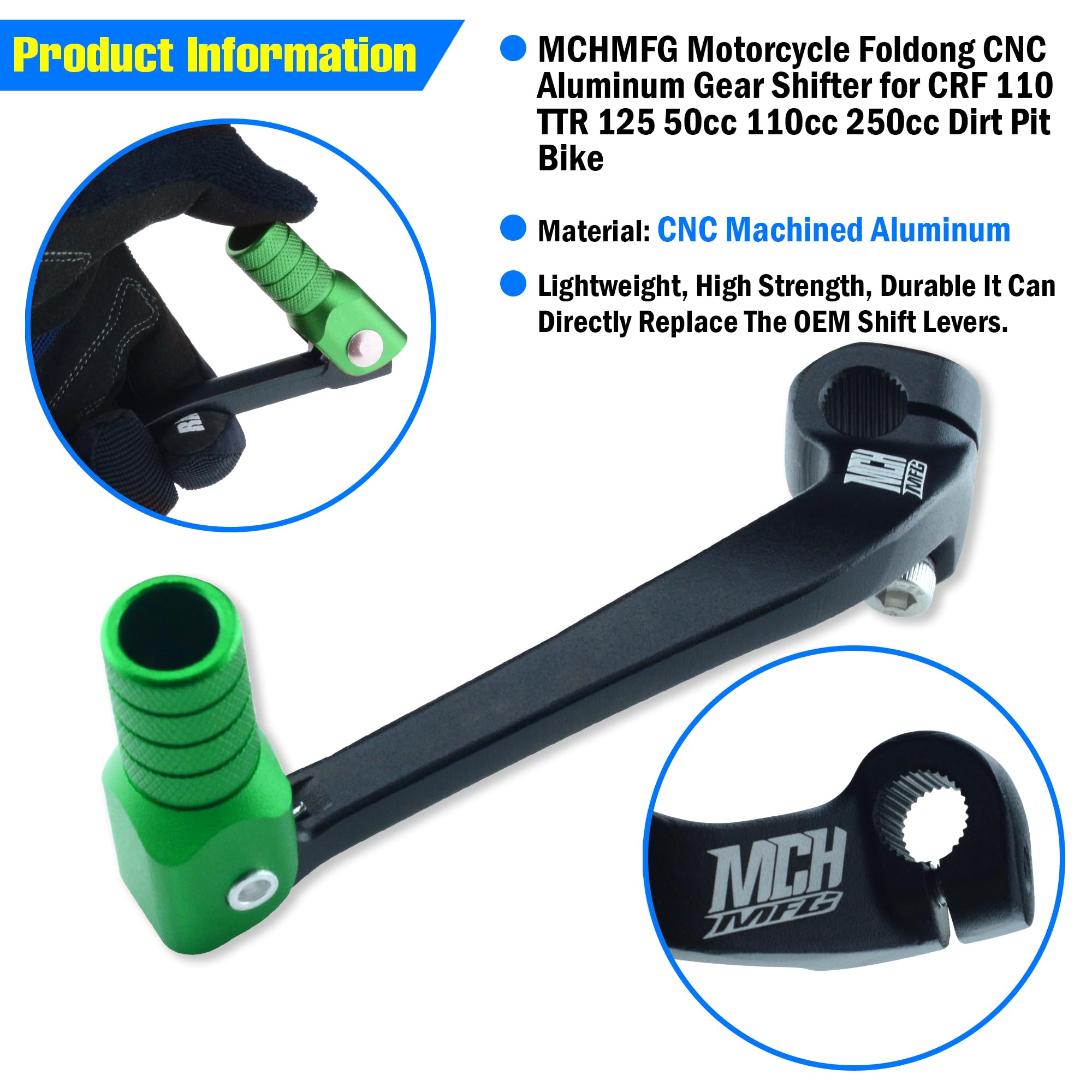 MCHMFG Folding Dirt Bike Shifter Lever - Alloy Aluminium Gear Lever Fit For CRF110 CRF110F 2013-2023 TTR110 08-09 TTR125 11-21 Green