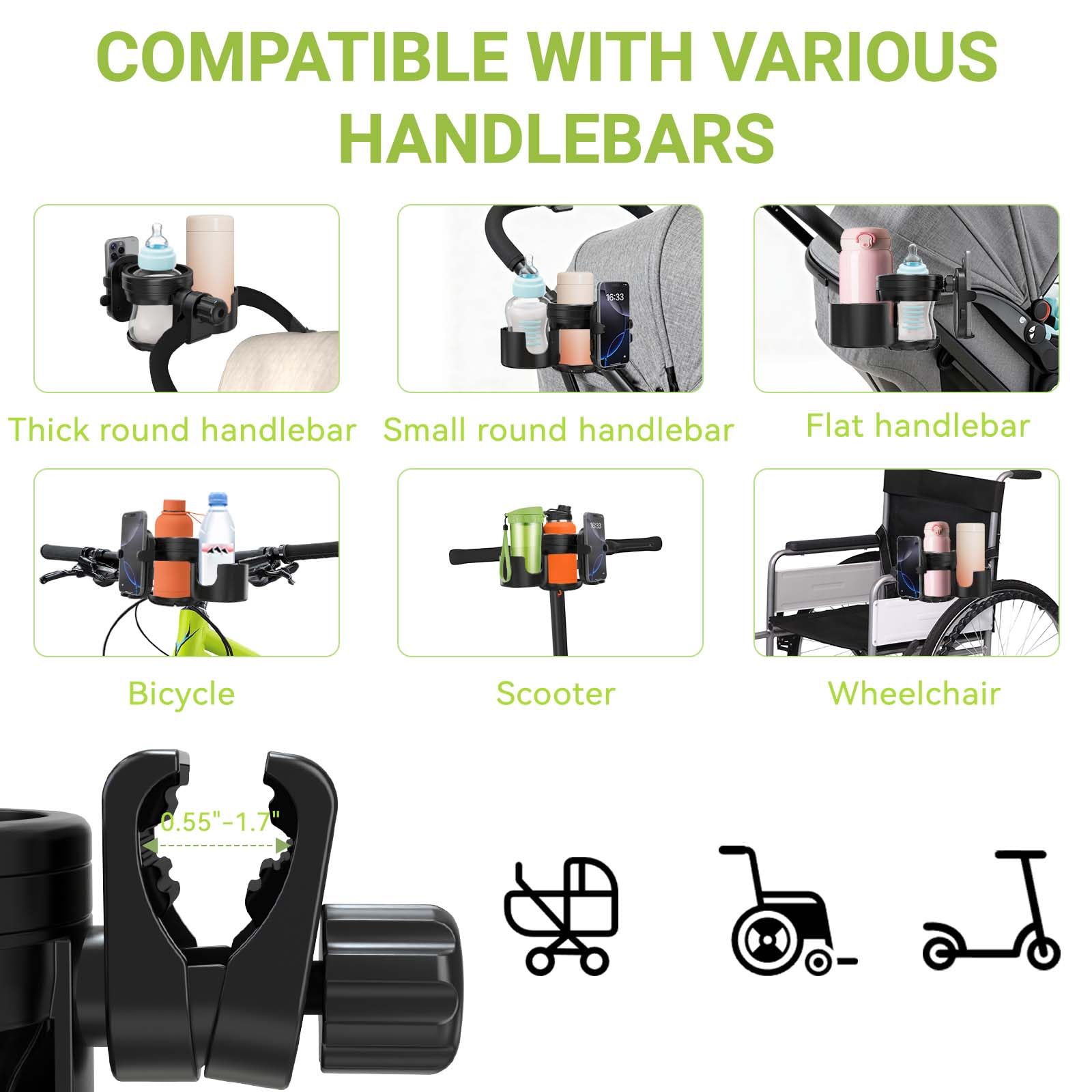 ZealSound Porte-gobelets 3-en-1 pour Poussette avec Support téléphone 360° réglable, Porte-gobelets Simple ou Double, Compatible poussettes, fauteuils roulants, vélos et Chariots