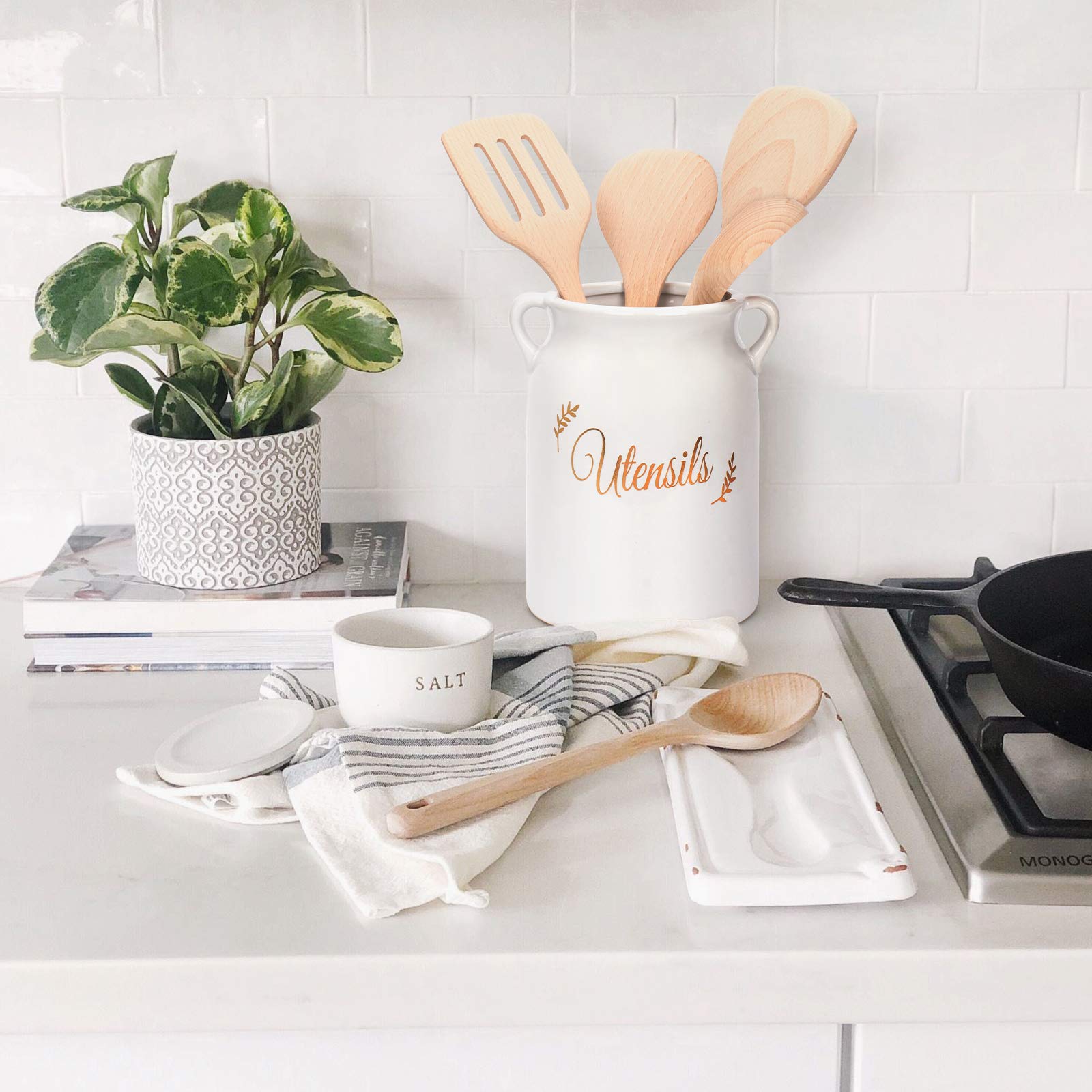 Hasense Large Ceramic Utensil Holder – 7.4 Inch Kitchen Counter Organizer Crock, White Vintage Style