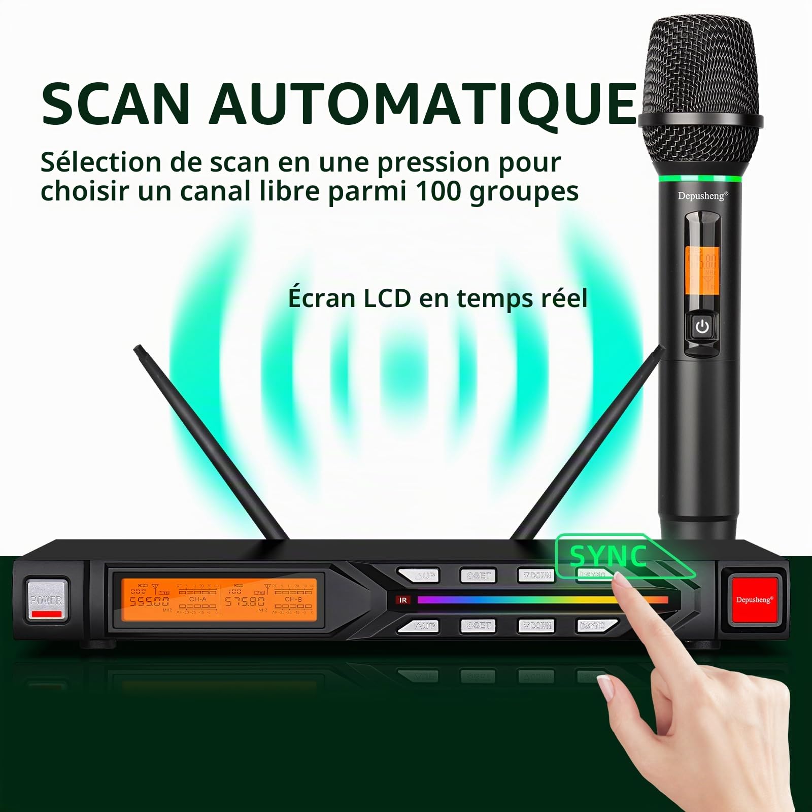 Depusheng R7 Ensemble de Microphone sans Fil équipé de Deux Microphones à Main dynamiques et d'un récepteur, avec Une portée de réception de 80 mètres, adapté aux scènes de Concerts de karaoké