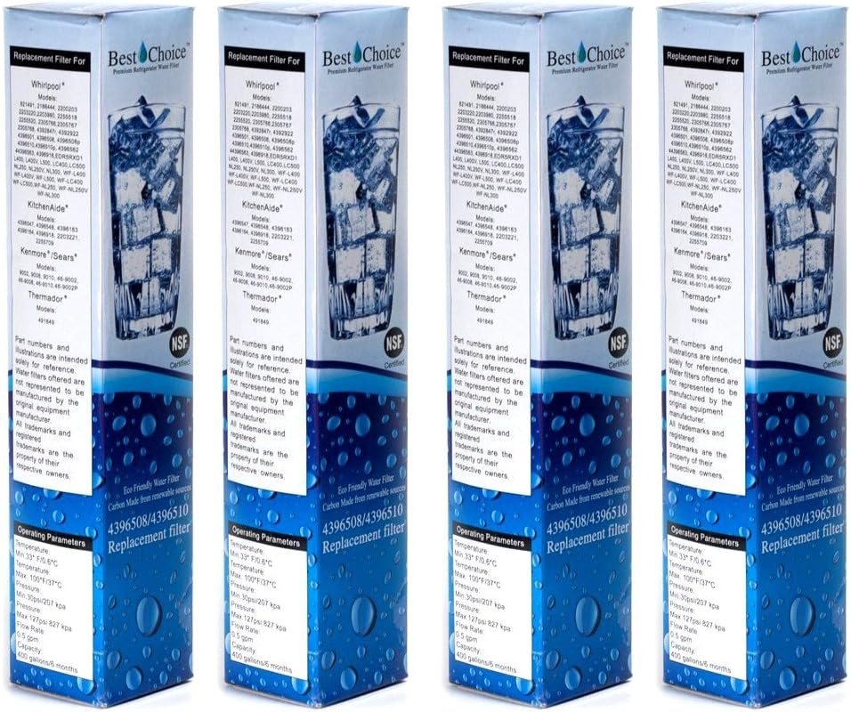 Best Choice Water Filter Replacement For Whirlpool 4396508, 4396510, EveryDrop EDR5RXD1 Filter 5, NL240V, WFL400, PUR W10186668 Certified Refrigerator Cartridge (4-Pack)