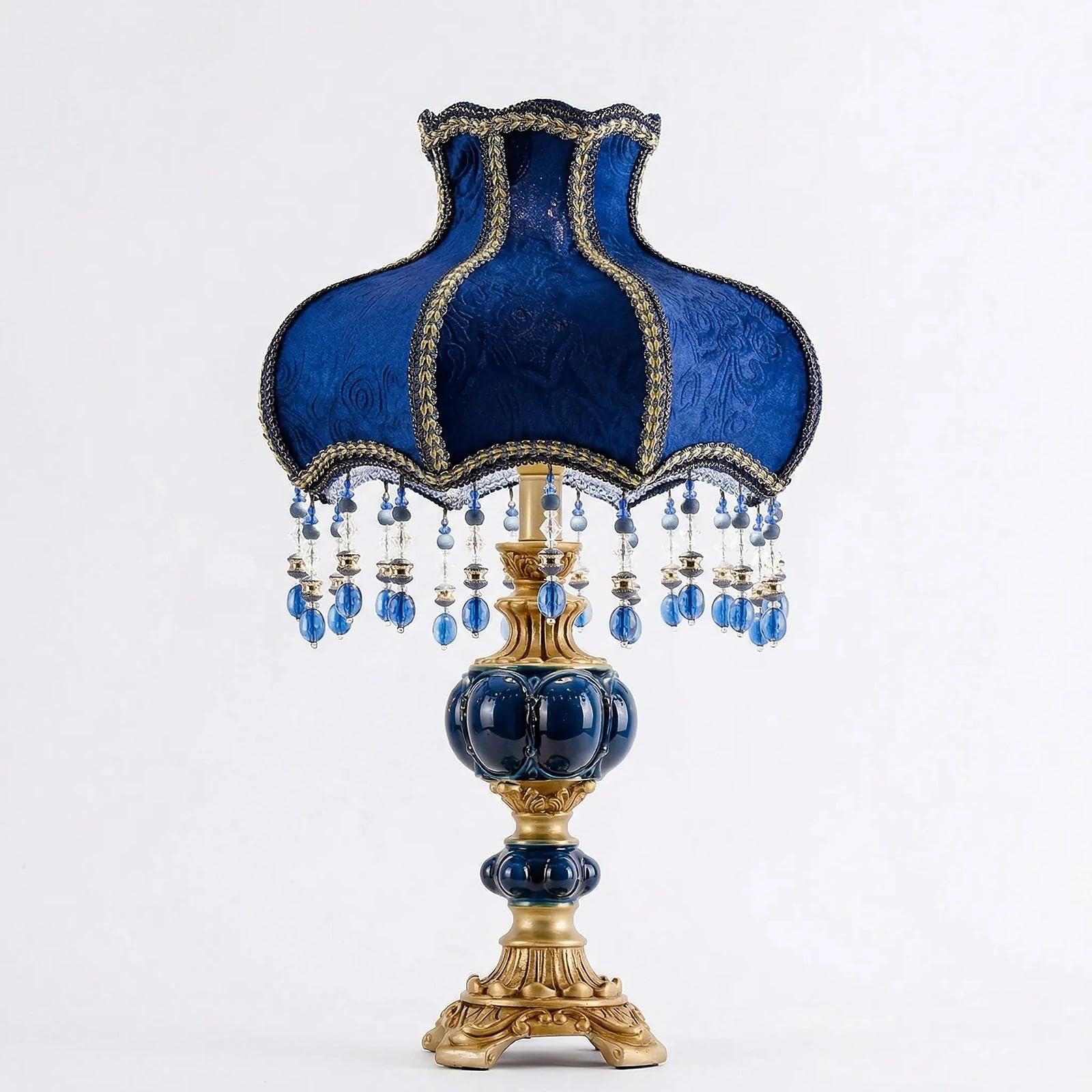 Victorian Style Desk Lamp, Antique Fabric Table Lamp for Living Room, Bedroom Nightstand, Romantic Coquette Home Decor, Floral Embroidery with Beaded Fringe & Hand-Painted Resin Base, 22" H(C)
