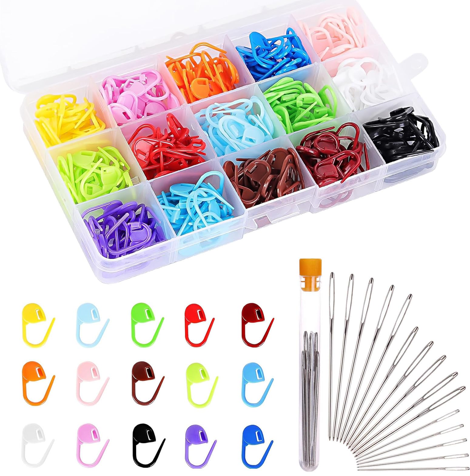 XUELUN 300 Pieces Knitting Markers Colorful Stitch Markers, Knitting Crochet Locking with Blunt Sewing Needles for Crochet and Knitting with Storage Case