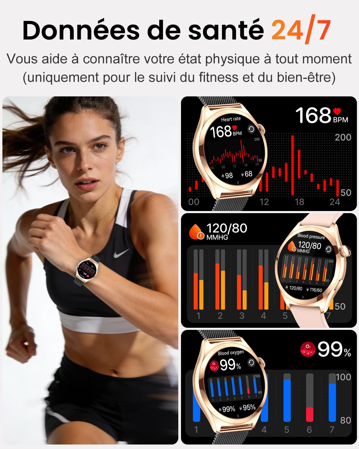 Montre Connectée Femme avec Appel Bluetooth, 1,27" HD Montre Fitness Femme, Fréquence Cardiaque SpO2 Suivi du Sommeil, Étanche IP68, 120+ Modes Sport, Fitness Tracker iOS Android (Or Noir)