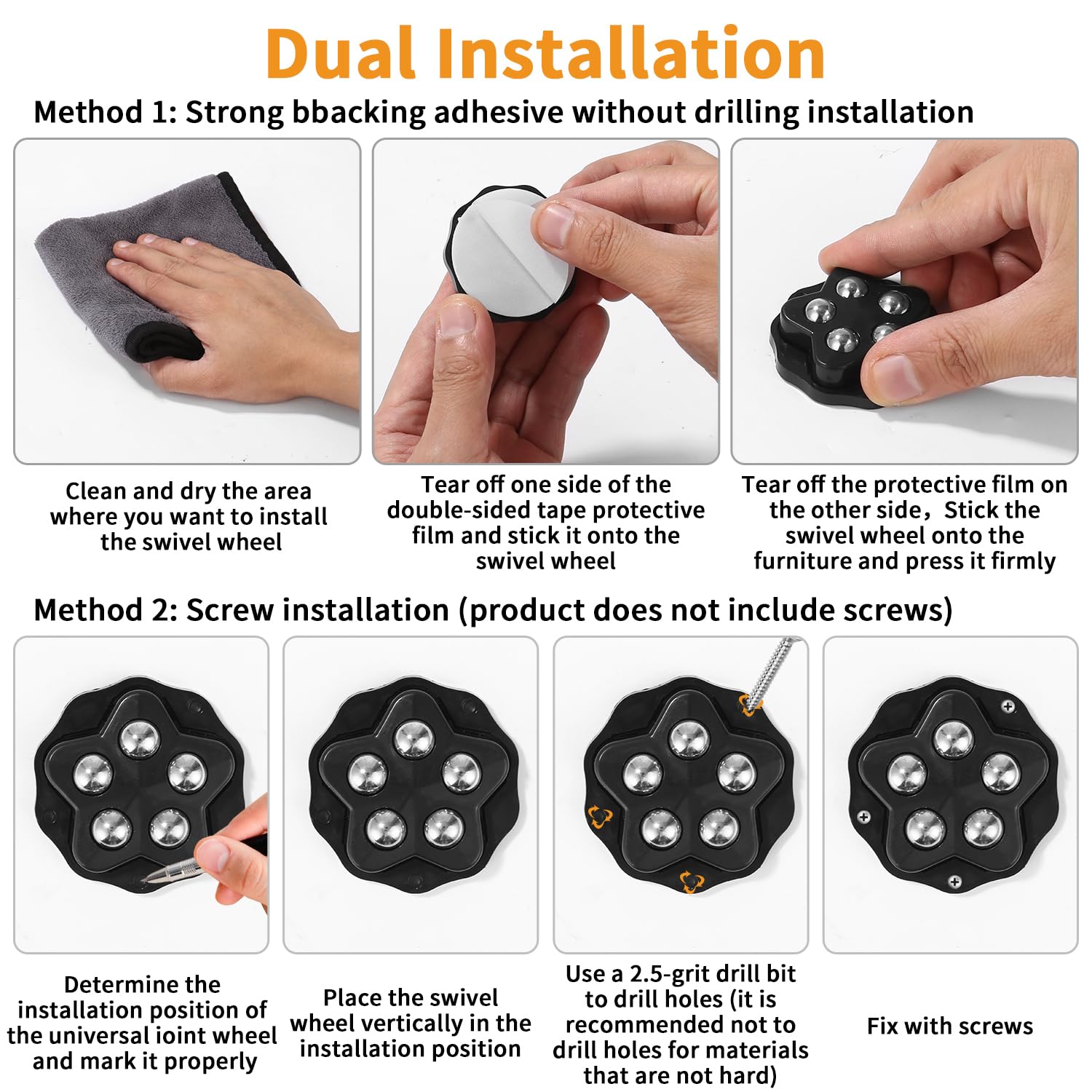 Rotelle per mobili pesanti – 12 pezzi ruote a 5 sfere, capacità 300KG, 360° rotelle girevoli, autoadesive & a vite, per mobili, valigie, elettrodomestici, vasi (Nero)