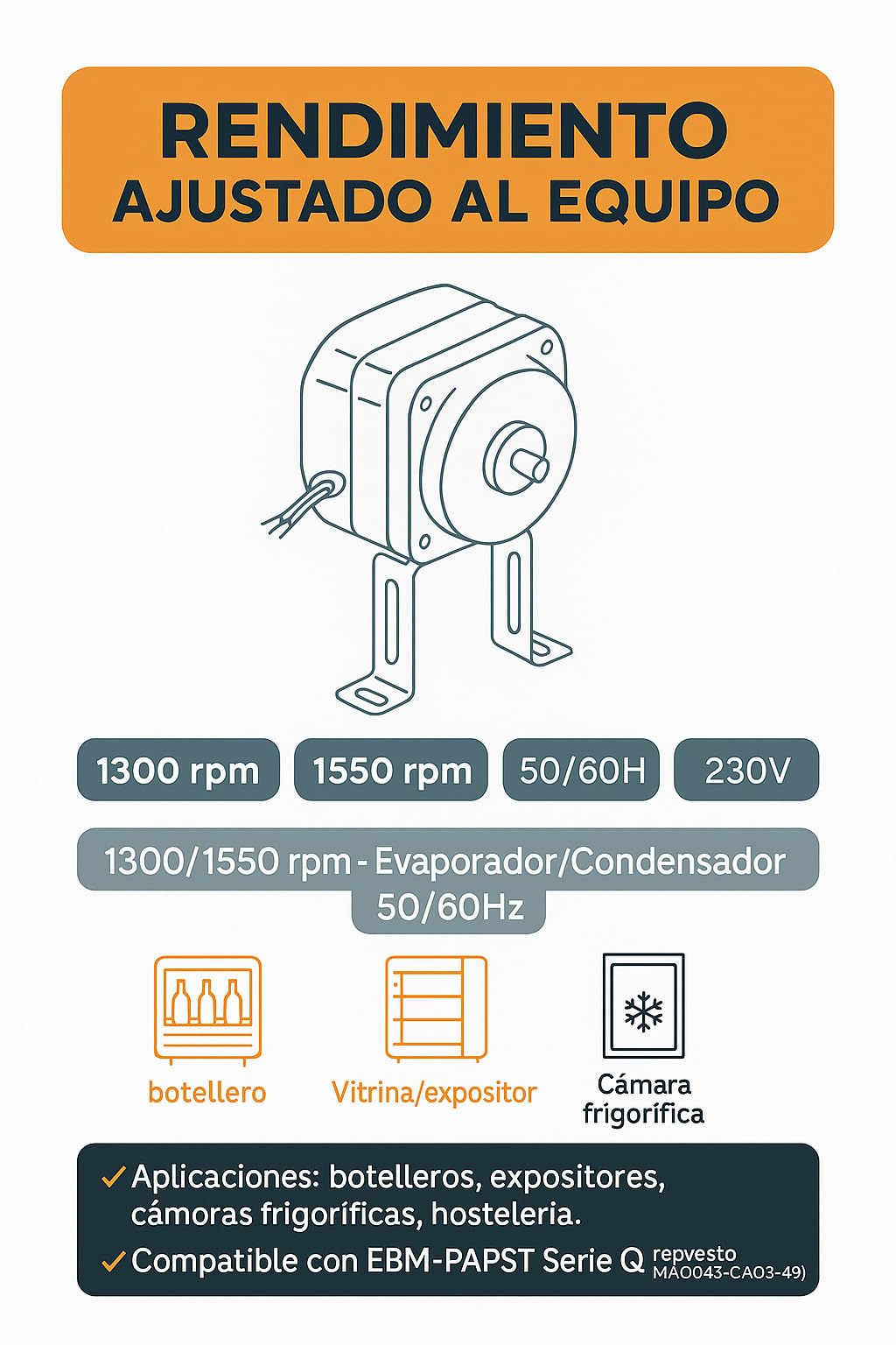 RO Linea Blanca ® Motor Ventilador Refrigeración M4Q045-CA03-49 230V 10W 1300/1550 rpm 50/60Hz Longitud 43,5 mm 4 Pines Soporte Universal Eje 8 mm Compatible con EBM-PAPST Serie Q para Botelleros