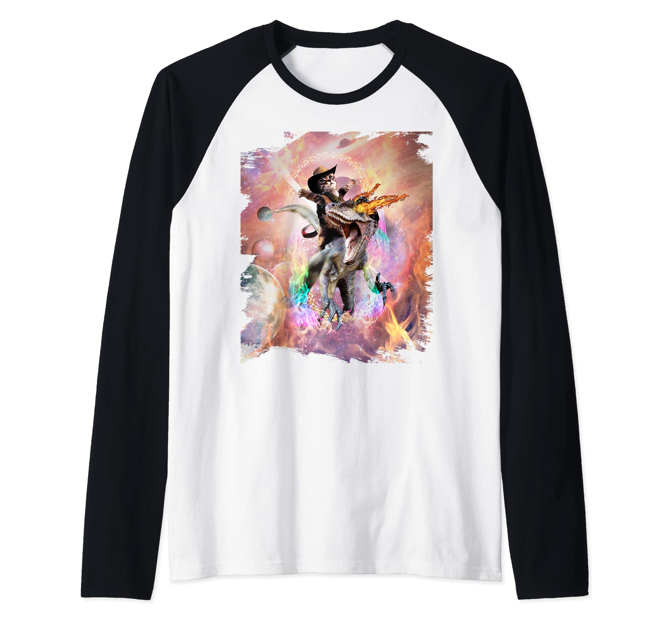 Evil Velociraptor Raptor Fire Dinosaur & Space Cat Raglan Baseball Tee