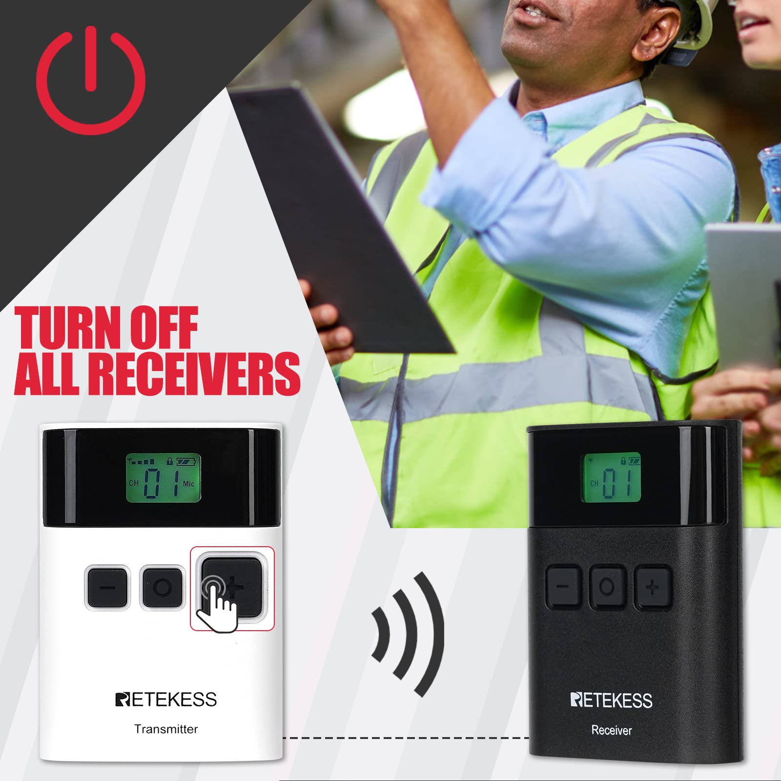 Retekess TT122 Sistema di Guida Turistica, 150m, 2.4G, 1500mAh Audio Wireless Apparecchiatura di Traduzione a 36 Canali, con Scatola di Ricarica a 32 Slot TT015 per Fabbrica, Turismo, Conferenza