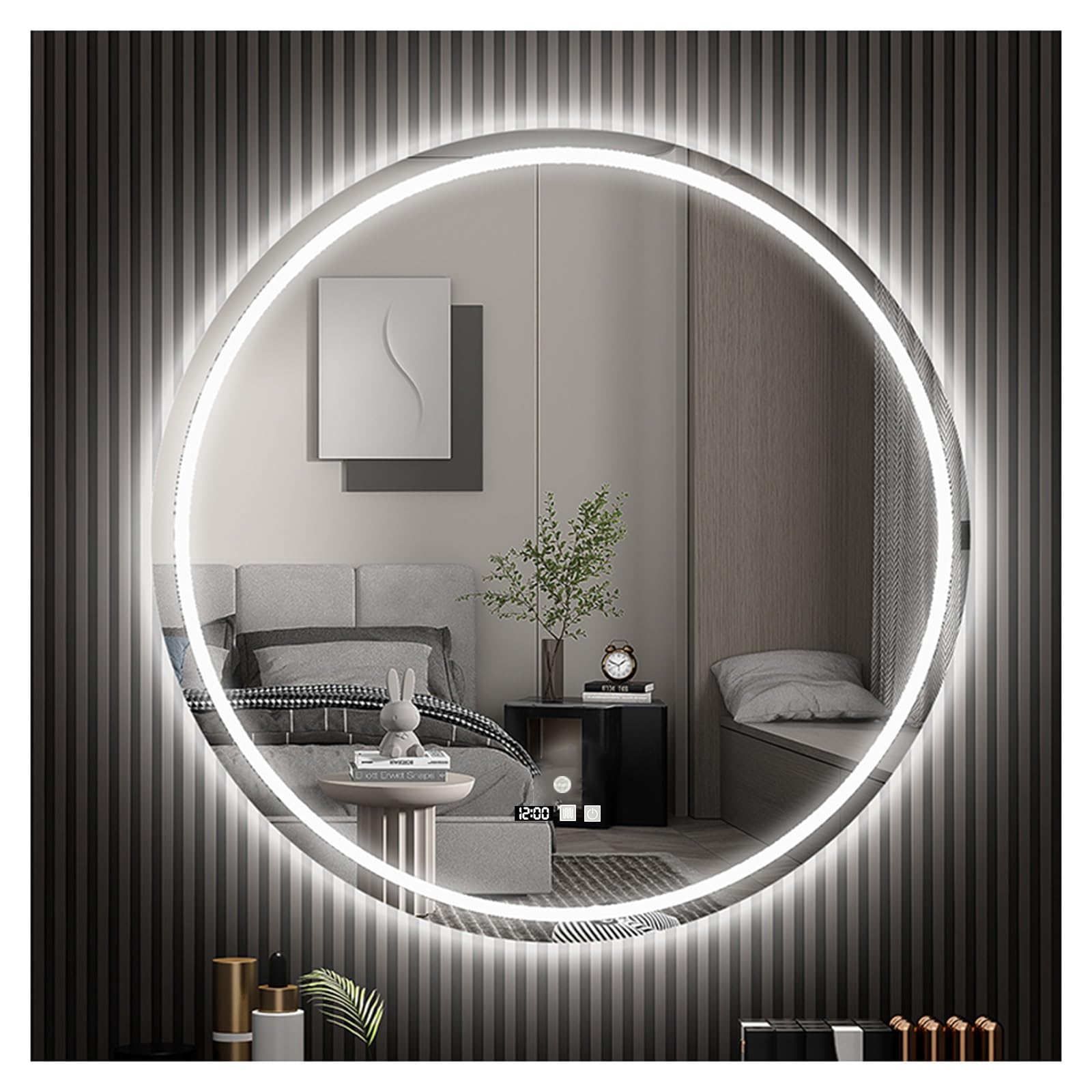 FGXHHS Round Led,Round Mirror with LED Lights，Bathroom Lights,Demister pad，Waterproof ILLUMINATED Mirror(A,H70*W70cm/H27.6*W27.6IN)