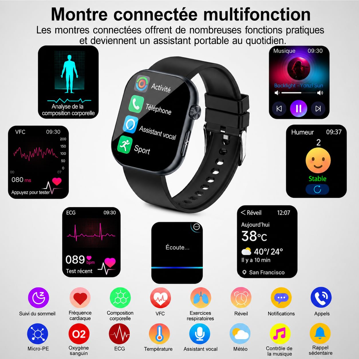 Montre connectée pour homme et femme avec ECG/HRV/IMC, montre de santé AMOLED de 1,95" avec fonction téléphone, appel d'urgence, étanche IP68, compatible Android et iOS, noir