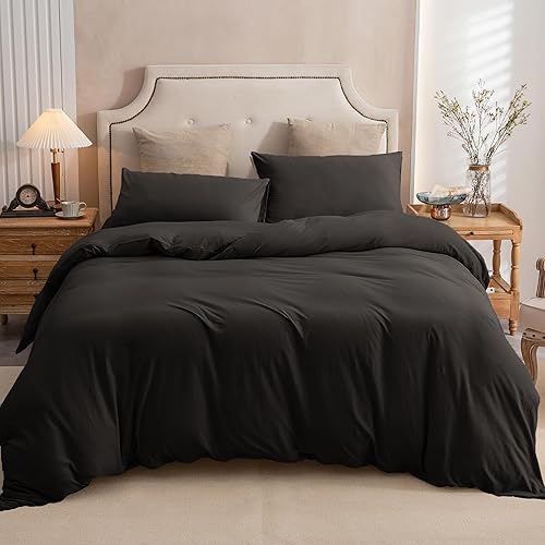 Miniatura 5 de PURE ERA Juego de funda de edredón de punto de jersey, 100% algodón, súper suave y cómodo, juego de ropa de cama de 3 piezas con cierre de